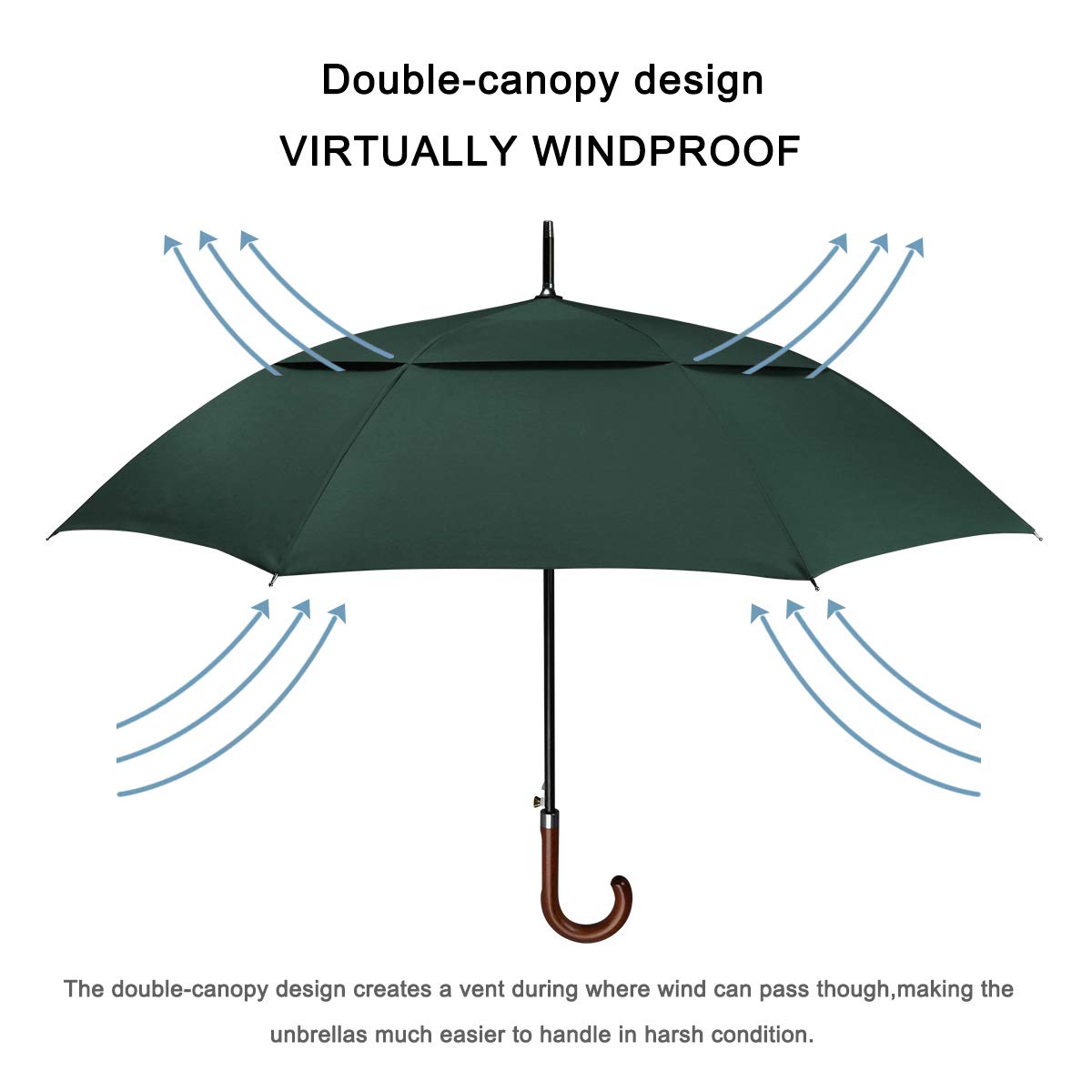 G4Free Wooden J Handle Classic Golf Umbrella Windproof Auto Open 52 Inch Large Oversized Double Canopy Vented Rainproof Cane Sti