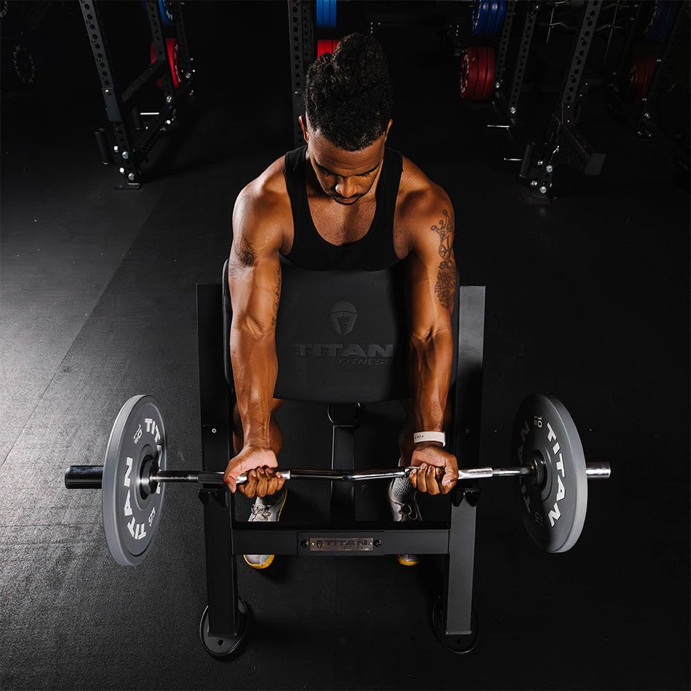 Titan Fitness Seated Preacher Curl Bench, Max Load 250 Lb, Bicep Curl Support Training, Isolated Barbell Dumbell Ez Curl Special
