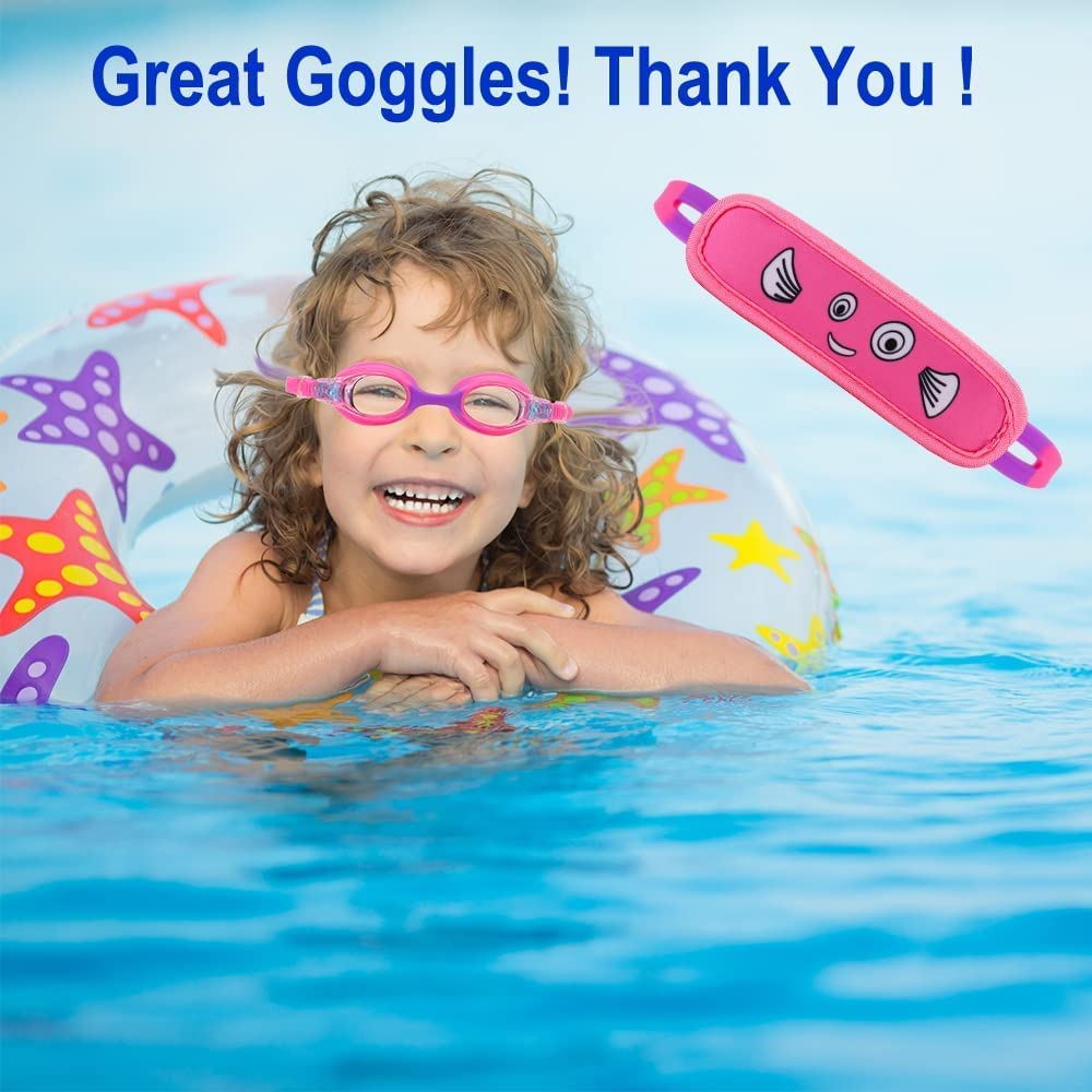 RUIGAO Kids Swim Goggles Age 2-6, Toddler Goggles No Hair Pull,UV Protection/Anti Fog/Padded HeadBand (1PK Kids -Pink Fish)