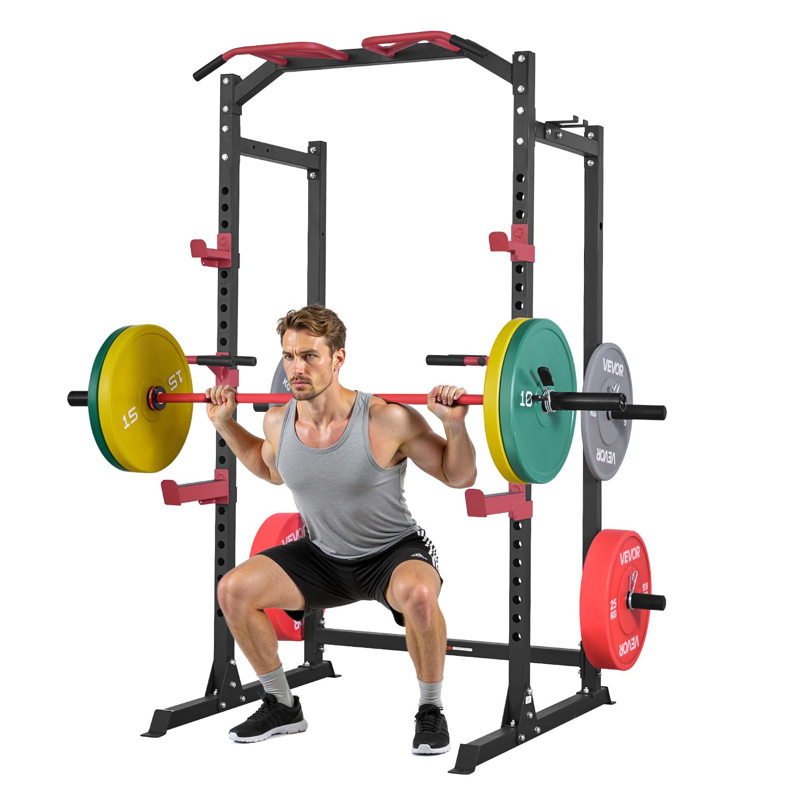 VEVOR Power Cage Power Rack, Multifunctional Barbell Squat Rack with Adjustable Height, Home Gym Strength Training Workout Equip