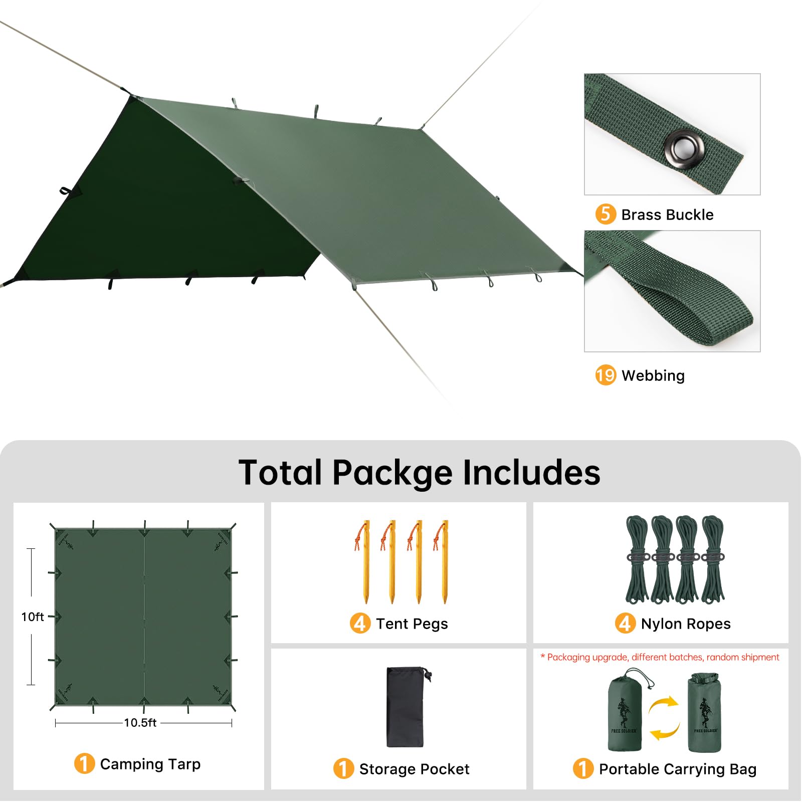 Free Soldier Camping Tarp Waterproof Portable Multifunctional Outdoor Traveling Awning Backpacking Shelter Rain Tarp (Lake Green