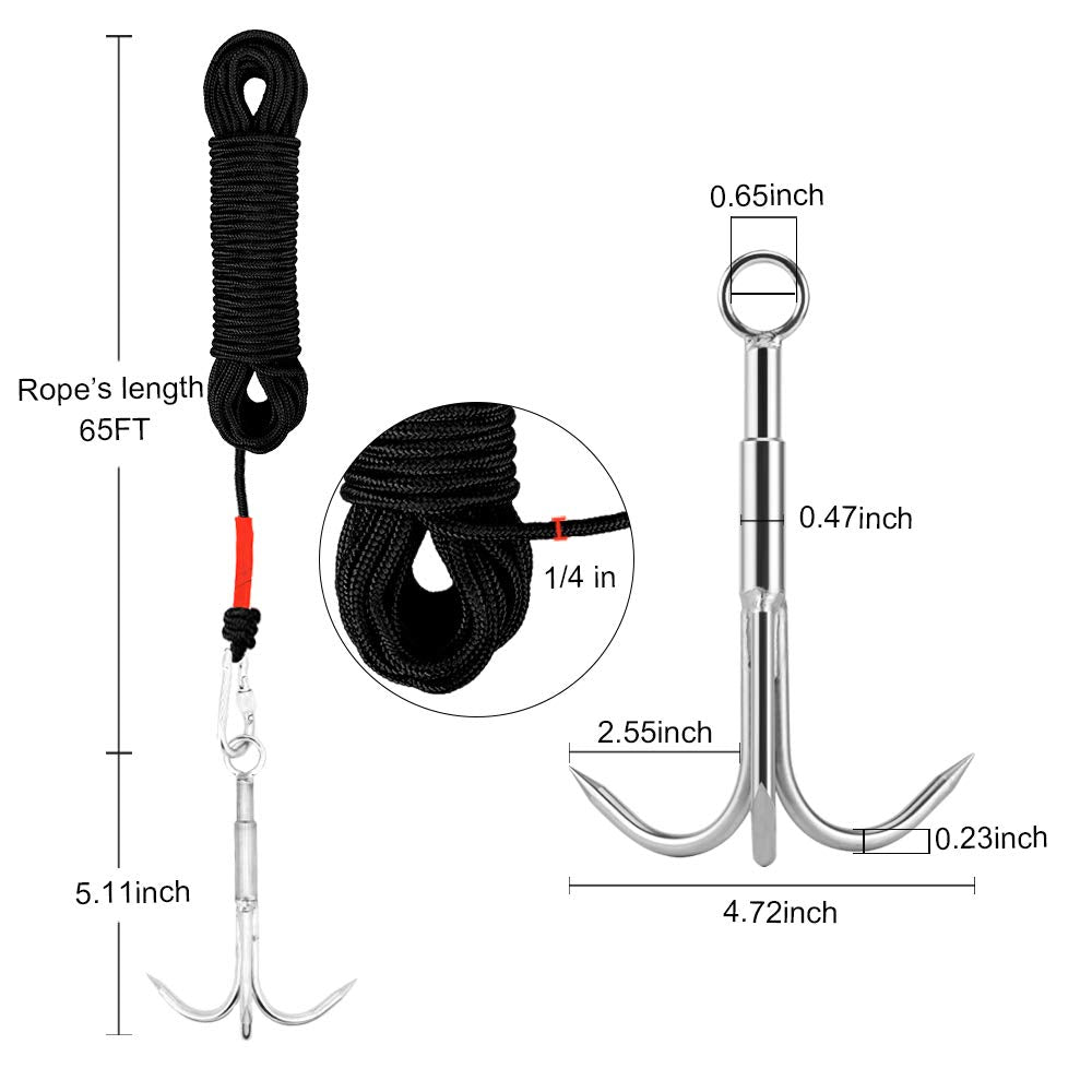 Mhdmag Grappling Hook, Anchor Hook Carabiner Climbing With 3-Claw Stainless Steel Hooks For Anchor Retrieving, Outdoor Hiking, T