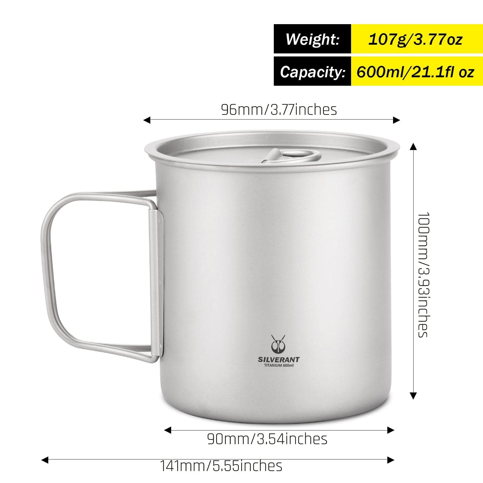 Silverant 600Ml Titanium Cup Mug With Lid Backpacking Pot With Foldable Handle For Outdoor Camping Hiking Backpacking