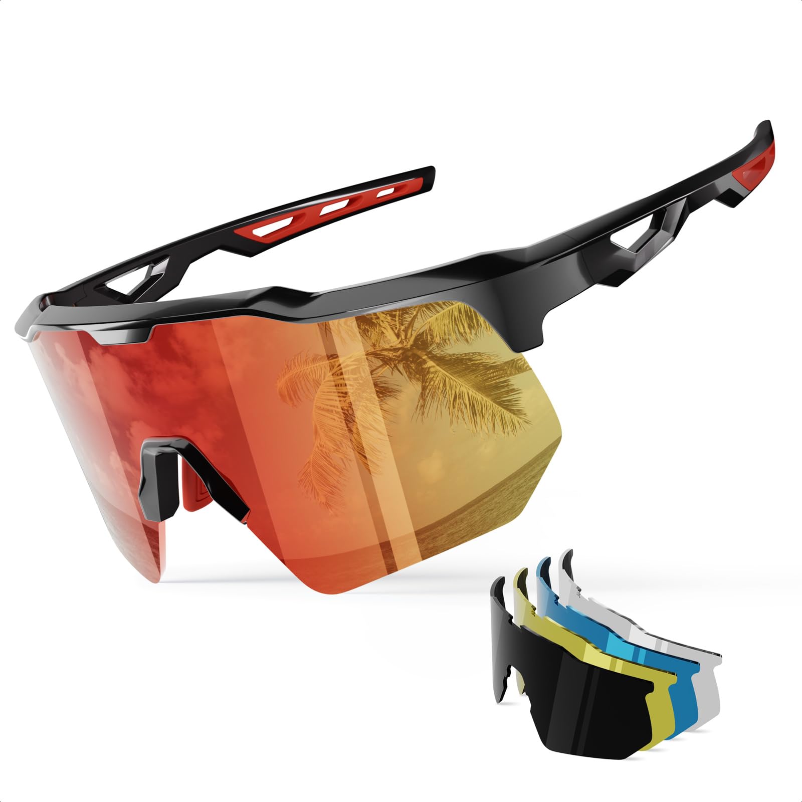 HAAYOT Polarized Sports Sunglasses for Men Women Youth Baseball Cycling Running Softball Biking Glasses 5 Lenses Bright Black Re