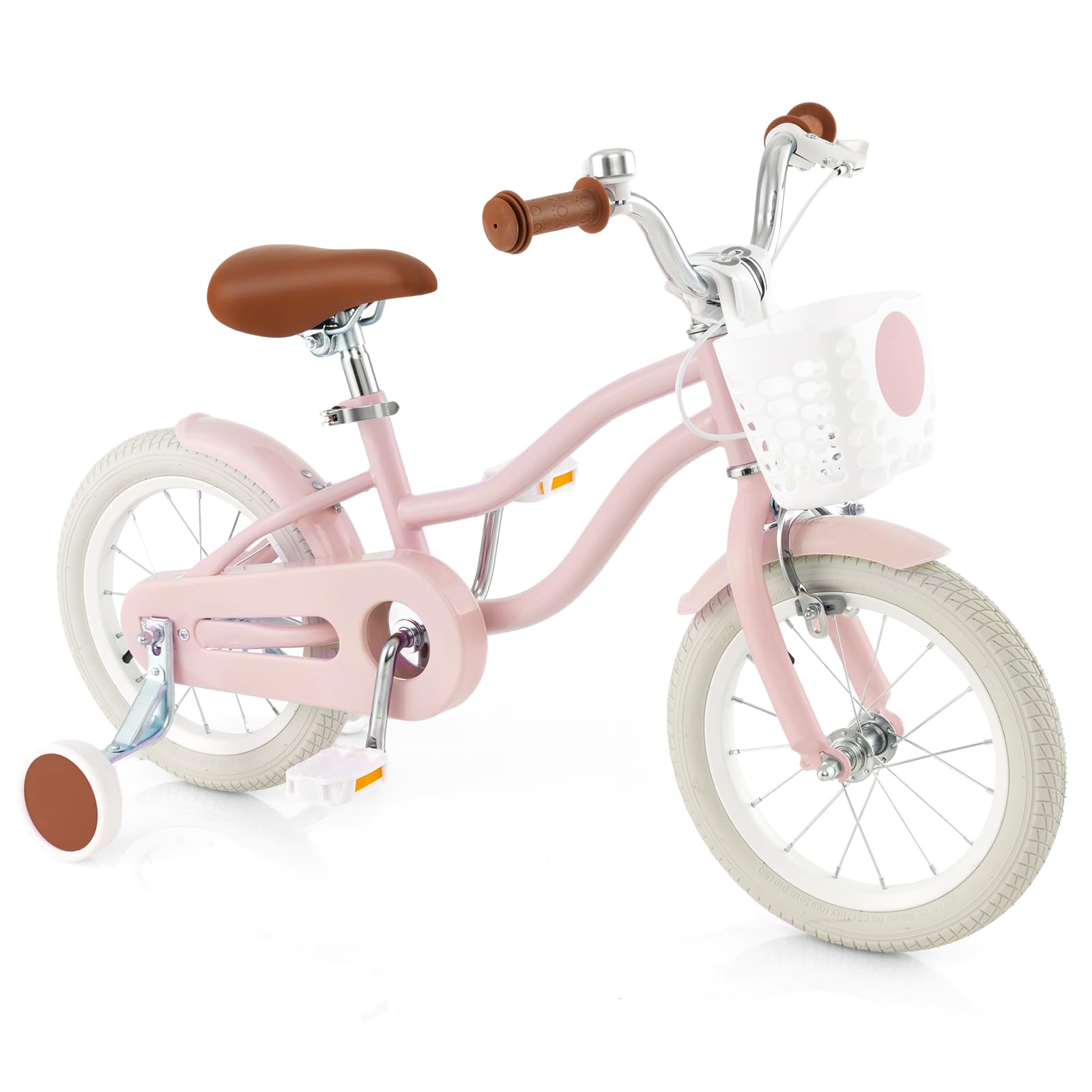 HONEY JOY Kids Bike, 12 Inch Pink Toddler Bikes w/Training Wheels, Handbrake & Coaster Brake, Fully Enclosed Chain, Adjustable H
