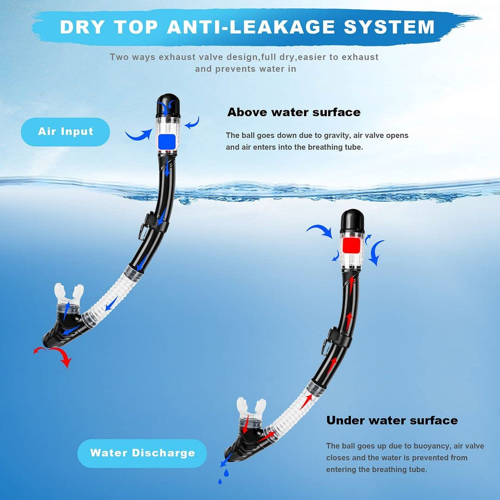 Snorkel Set, Dry Top Snorkeling Gear For Adults, Panoramic Anti-Leak And Anti-Fog Tempered Glass Lens, Adults Adjustable Snorkel
