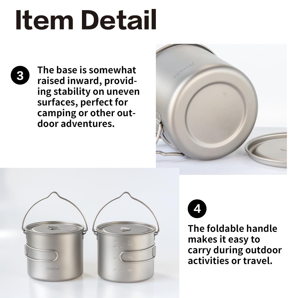 Comtai Titanium Camping Cookware 1100Ml/39 Oz Titanium Pot With Lid And Fotable Handle, Titanium Cook Pot Backpacking For Outdoo