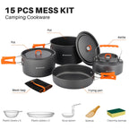 Odoland 15Pcs Camping Cookware Non-Stick Lightweight Camping Pots And Pans Set With Kettle Plastic Plates Bowls Soup Spoon For C