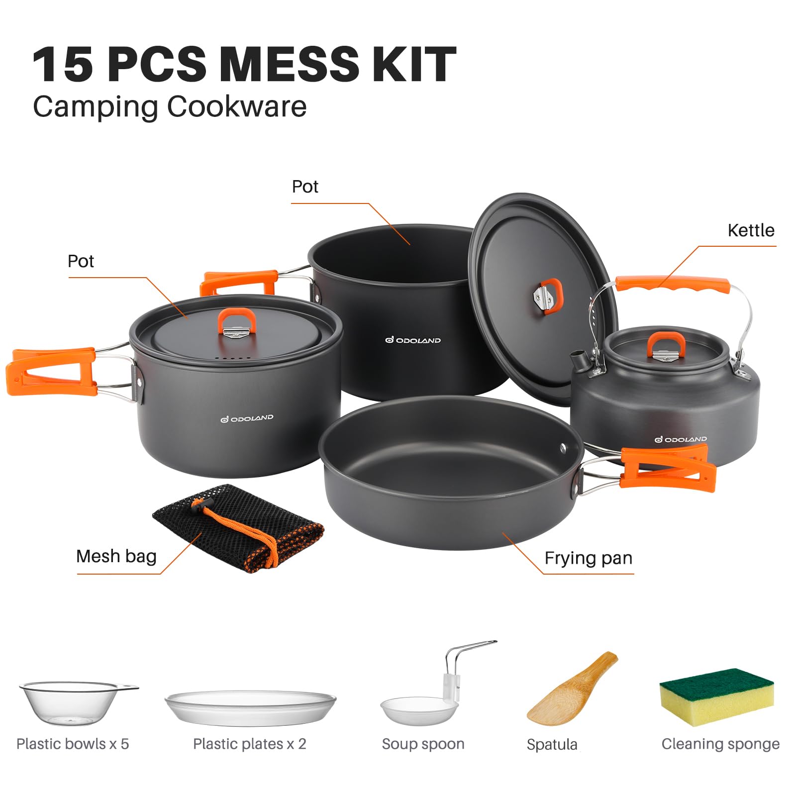 Odoland 15Pcs Camping Cookware Non-Stick Lightweight Camping Pots And Pans Set With Kettle Plastic Plates Bowls Soup Spoon For C