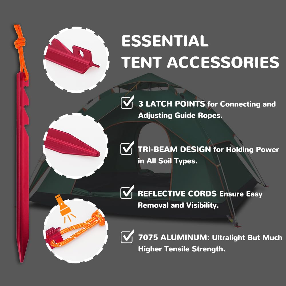 Anygear 7075 Aluminum Tent Stakes 15 Pack - Ultralight Tri-Beam Tent Pegs With Reflective Rope - Essential Tent Accessories For