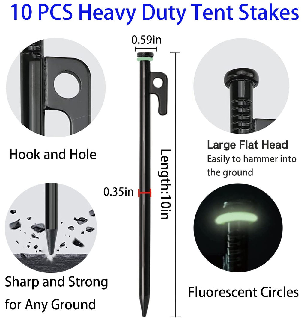 Cyauatt 10 Pcs Heavy Duty Tent Stakes And Camping Hammer Set,10In Metal Tent Stakes For Camp,Ground And Yard,Camping Tent Access