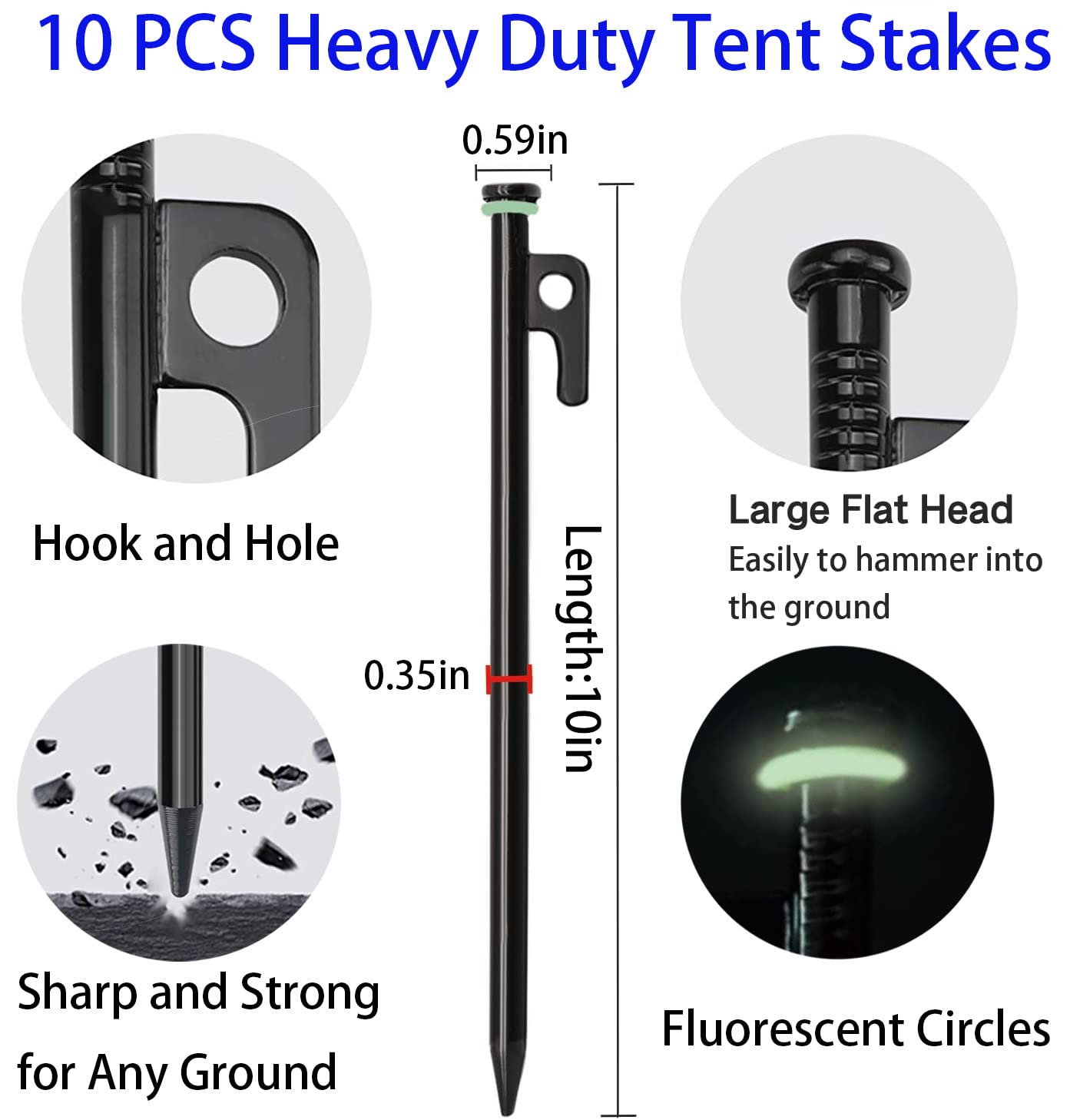 Cyauatt 10 Pcs Heavy Duty Tent Stakes And Camping Hammer Set,10In Metal Tent Stakes For Camp,Ground And Yard,Camping Tent Access