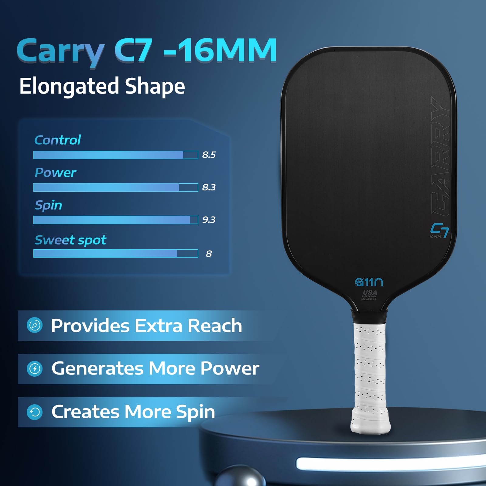 A11N Carry C7 16Mm Pickleball Paddle With Paddle Cover, Raw Carbon Fiber Surface With High Grit & Spin, Minimalistic Style Pickl