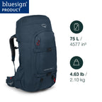 Osprey Farpoint Trek 75L Mens Travel Backpack, Muted Space Blue, One Size