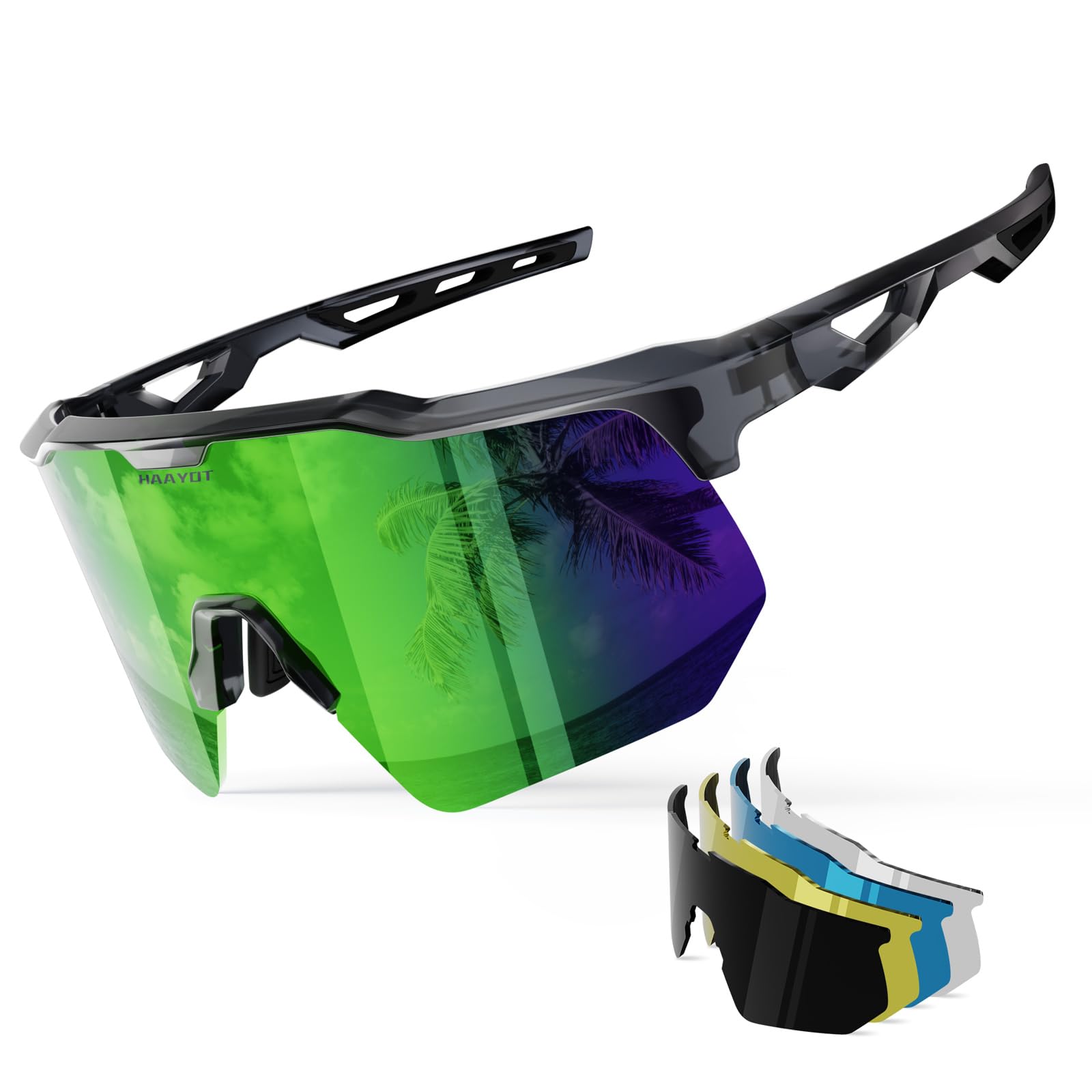 HAAYOT Polarized Sports Sunglasses for Men Women Youth Baseball Cycling Running Softball Biking Glasses 5 Lenses Transparent Gra