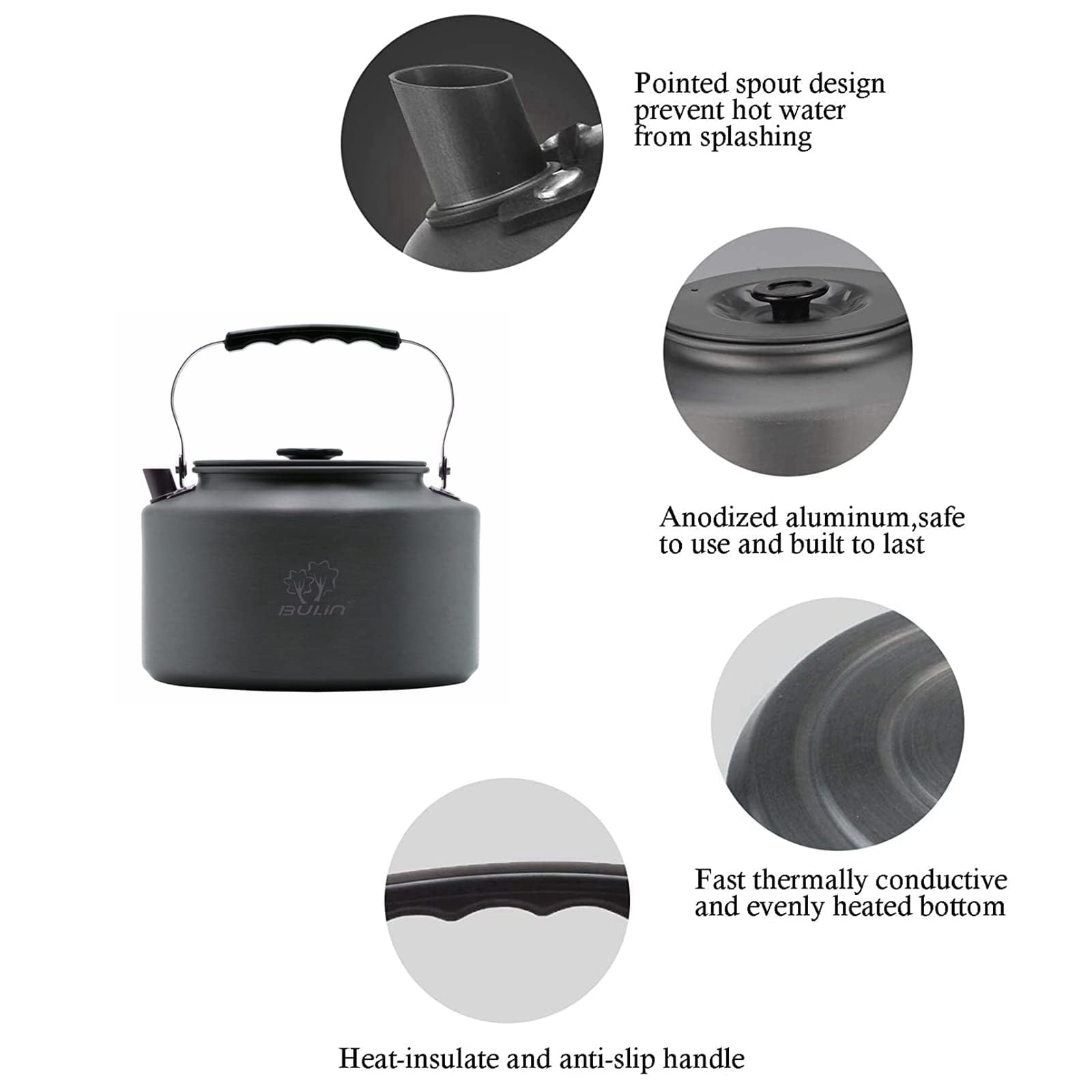 Bulin Camping Kettle, 1.6L Large Portable Stovetop Tea Kettle Fast Heating Boiling Hot Water For Open Fire Lightweight Coffee Po