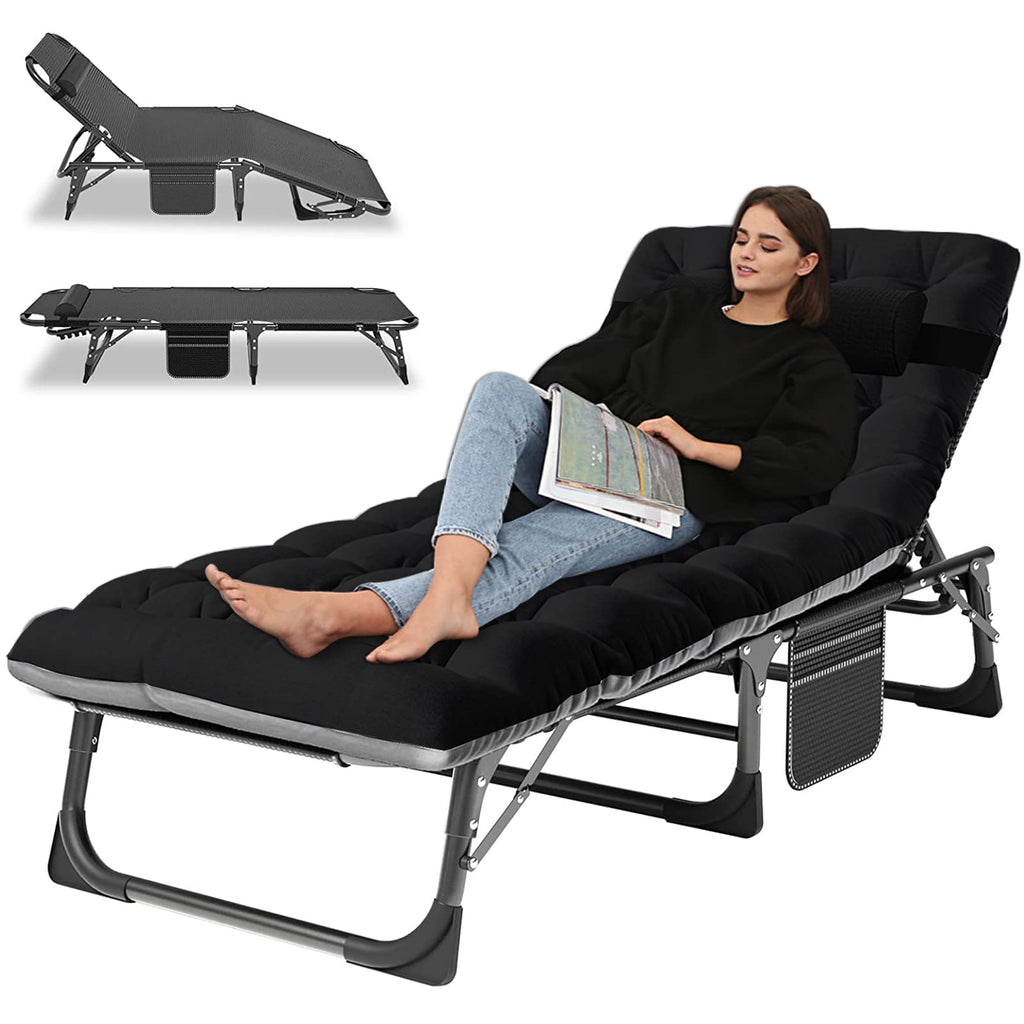 Lilypelle Portable Folding Cot Bed, Adjustable 6-Position Adults Reclining Chaise With Pillow, Outdoor Portable Lounge Chair Sle