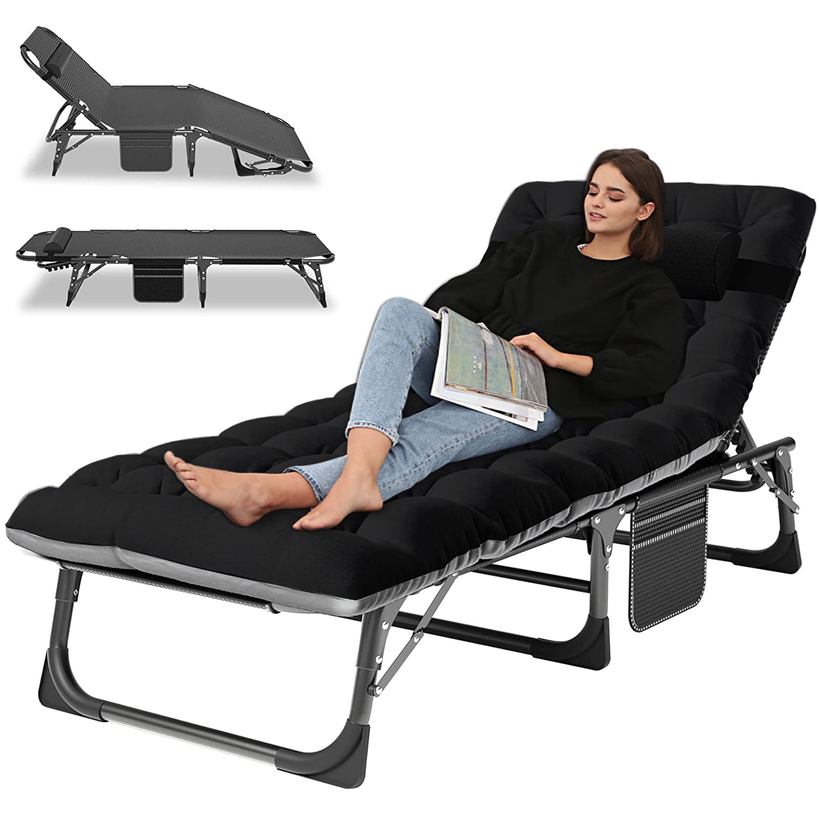Lilypelle Portable Folding Cot Bed, Adjustable 6-Position Adults Reclining Chaise With Pillow, Outdoor Portable Lounge Chair Sle