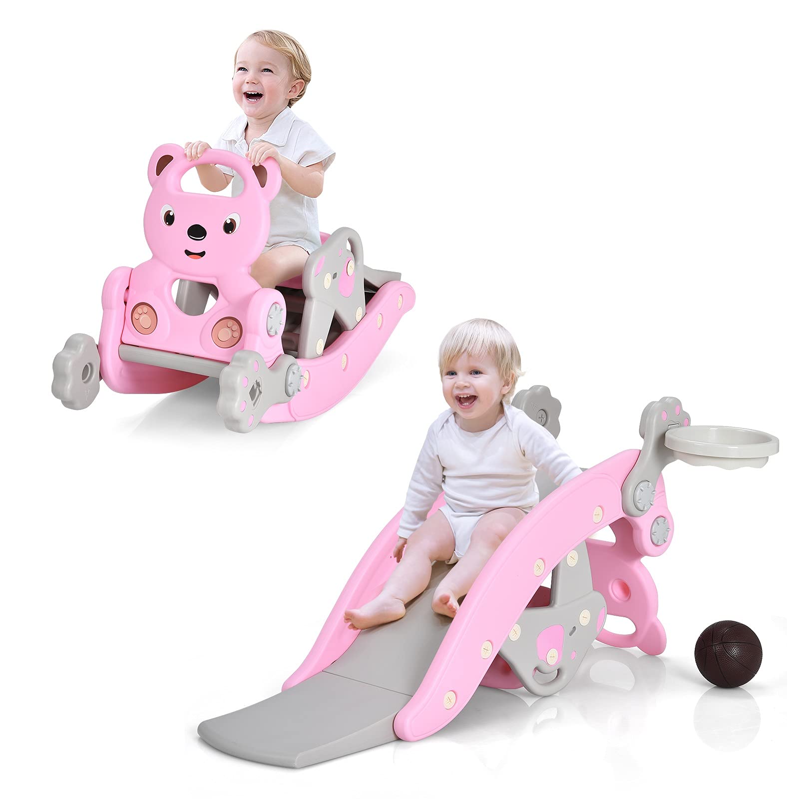 Costzon 5 in 1 Toddler Slide Rocking Toy, Slide for Kids with Detachable Stool, Basketball Hoop and Ring Game, Foldable Climber 