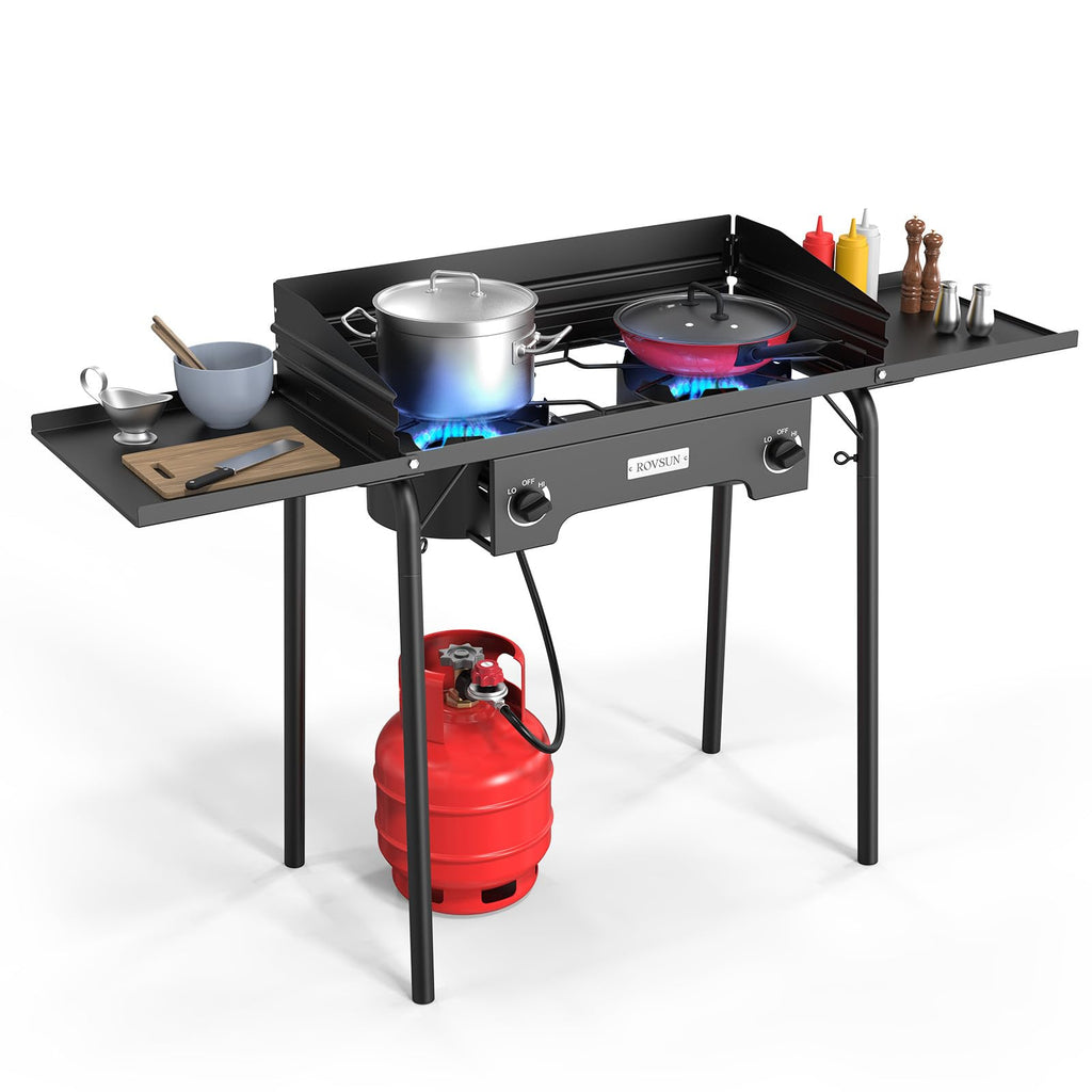 Rovsun 2 Burner Gas Stove With Side Shelves, 150,000 Btu Portable Propane Stove With Removable Legs, Wind Panels & Regulator For
