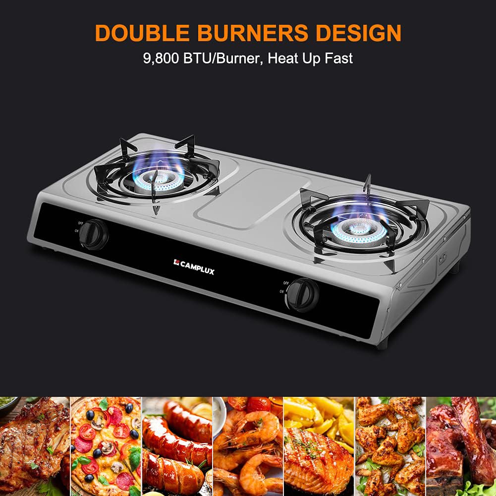 Camplux Camping Stove 2 Burners 19,600 Btu, Stainless Steel Gas Stove With Auto Ignition