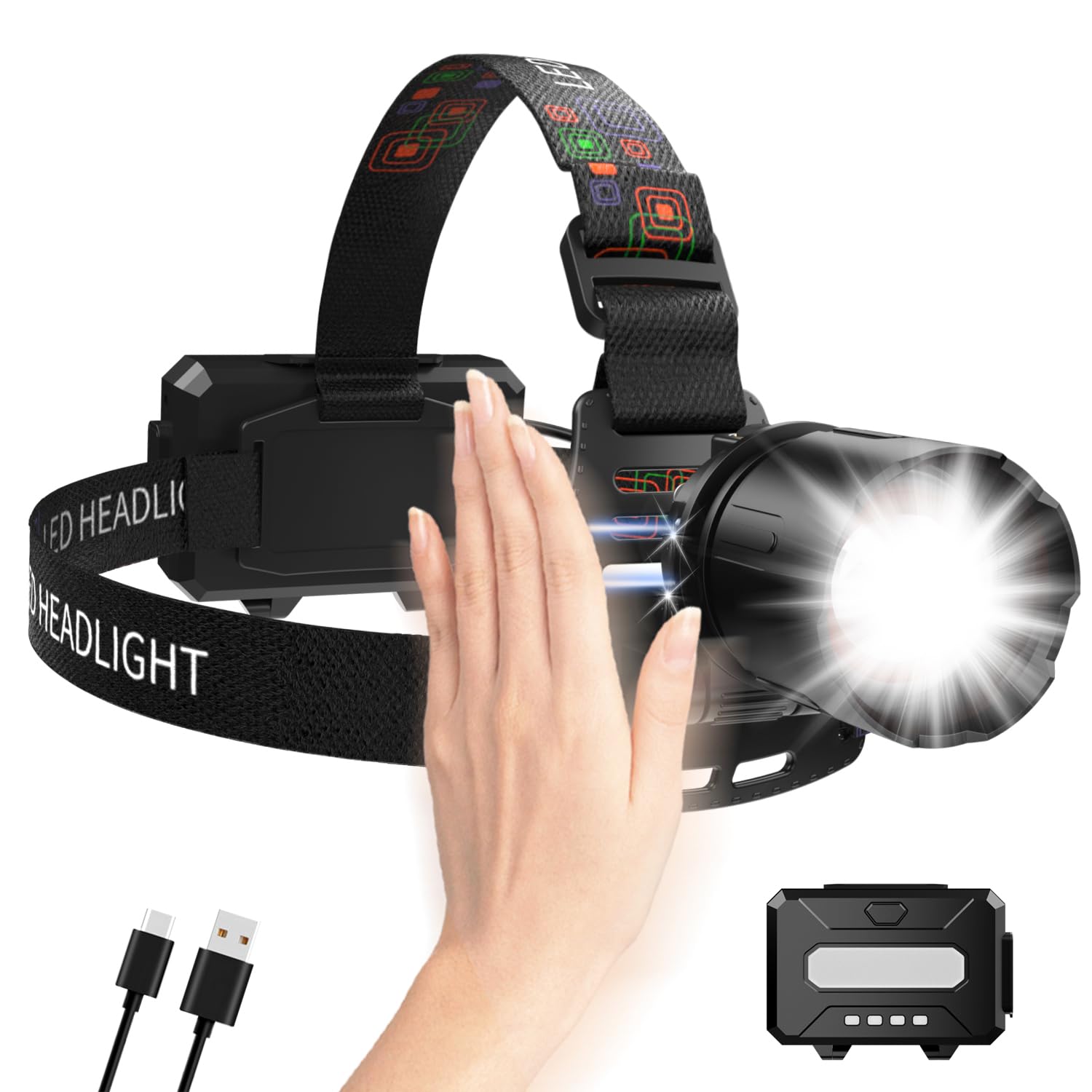 VOLISABER Headlamp Rechargeable LED 1000 Lumens Motion Sensor Head Lamp, Super Bright with 13 Modes Zoomable Waterproof 90 Adjus