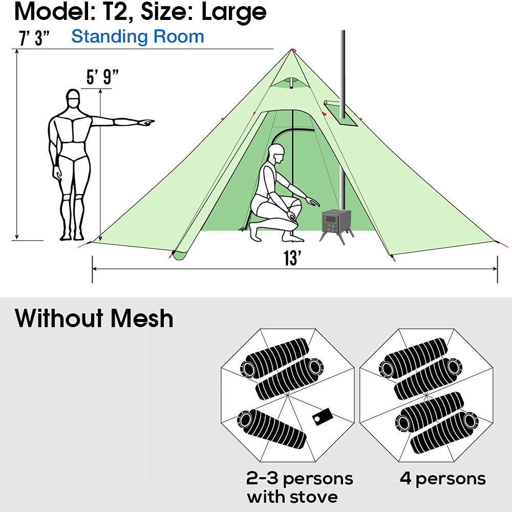 4 Persons 5Lb Lightweight Tipi Hot Tent With Stove Jack, 7'3'' Standing Room, Teepee Tent For Hunting Family Team Backpacking Ca