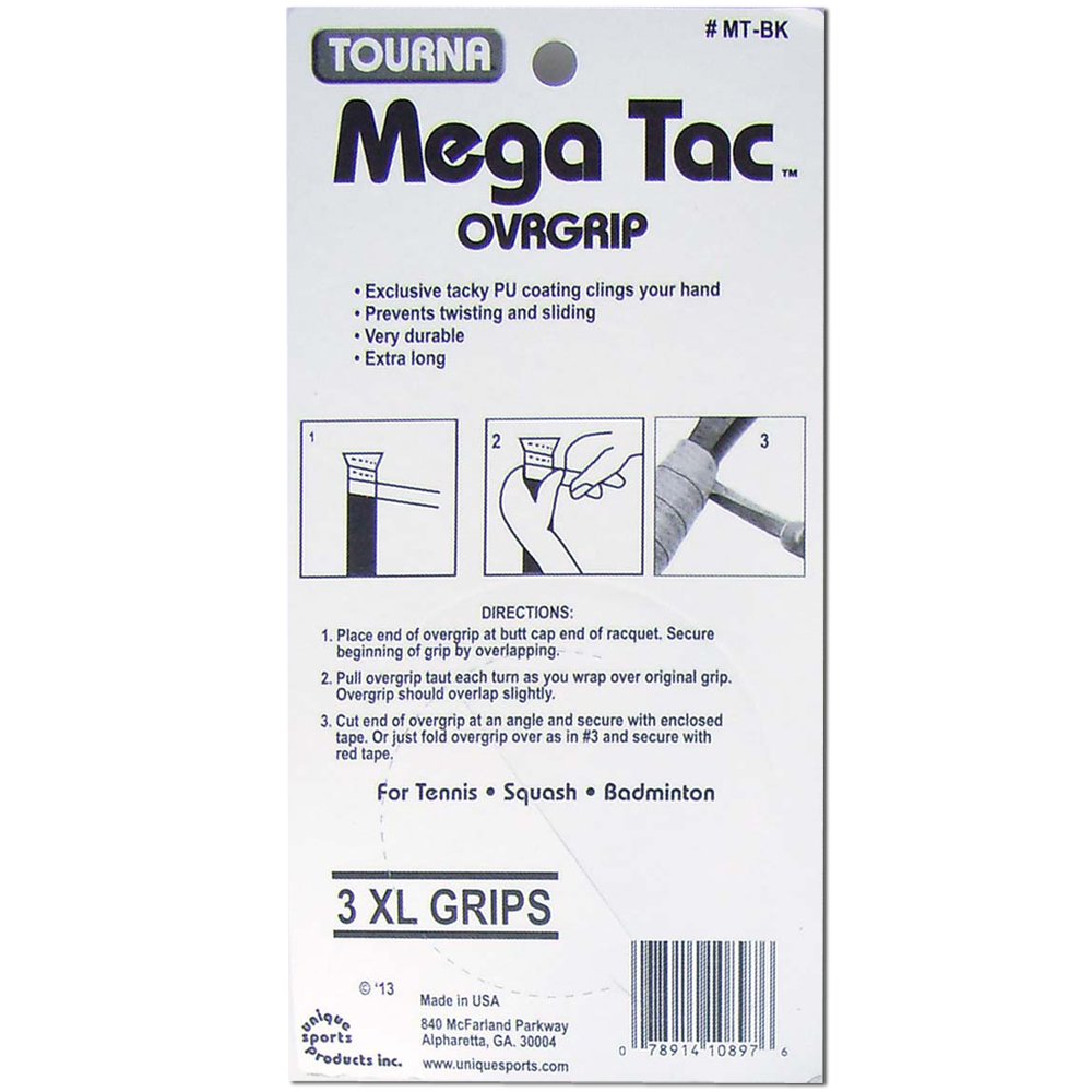 Tourna Mega Tac Extra Tacky Overgrip, Black, 3 Grips Per Pack