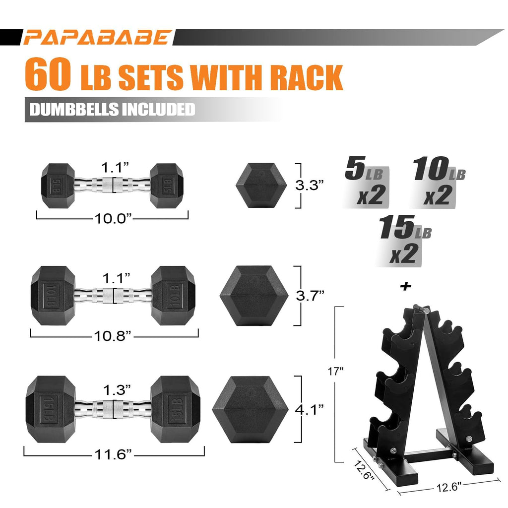Papababe Dumbbell Set Rubber Encased Hex Dumbbell Free Weights Dumbbells Set Home Weight Set- 60 Lb Set (Pair Of 5 10 15 Lb With