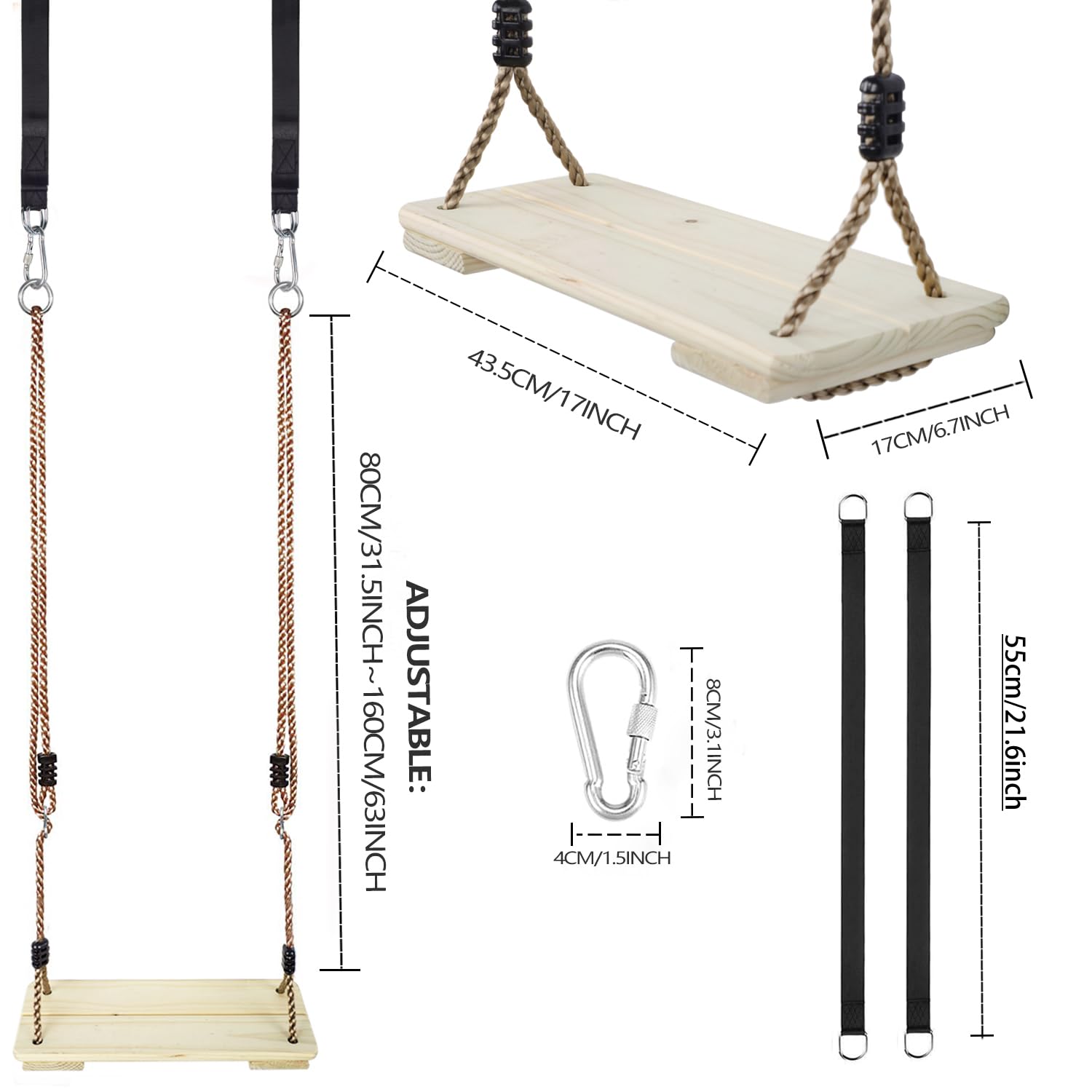 Outdoor Swing, Kinspory Swing Set For Backyard, Adjustable Nylon Rope With Hanging Tree Straps Kit, Wooden Swing Seat For Indoor
