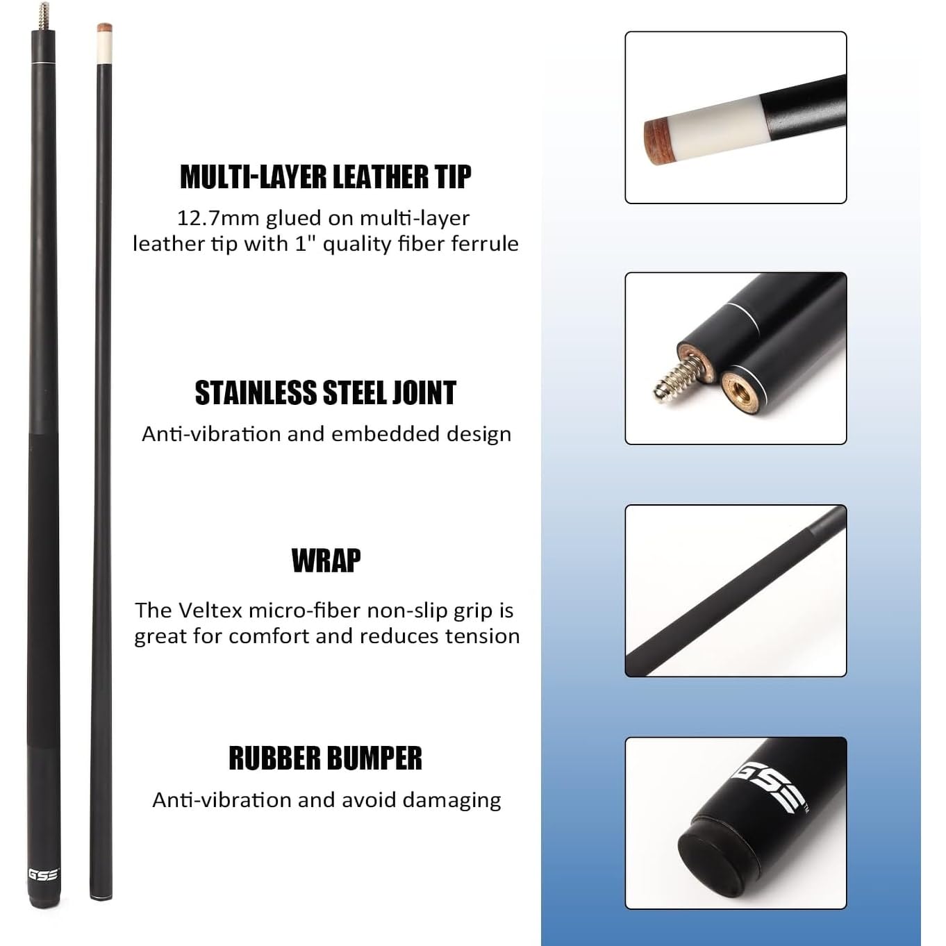 Gse 58'' 2-Piece Fiberglass Graphite Composite Billiard Pool Cue Stick (Matte Black, 21Oz)
