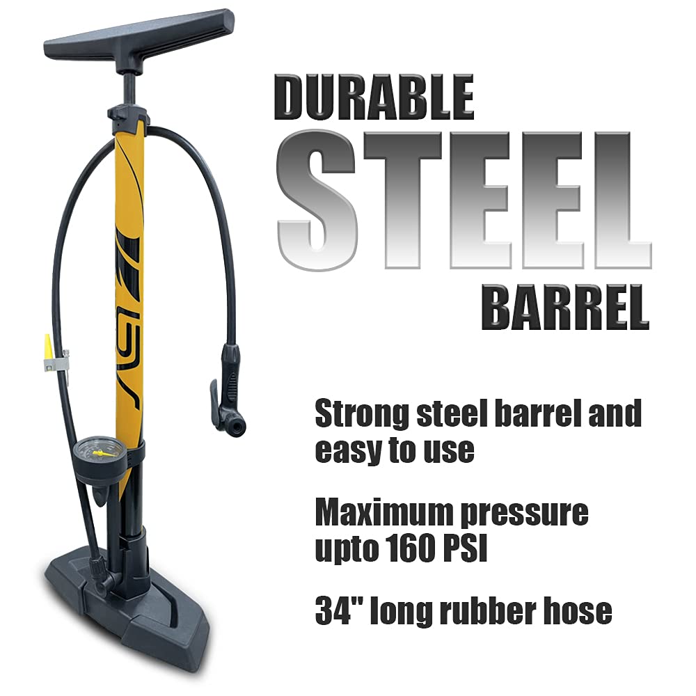 Bv Bicycle Ergonomic Bike Floor Pump With Gauge & Smart Valve Head, 160 Psi, Automatically Reversible Presta And Schrader