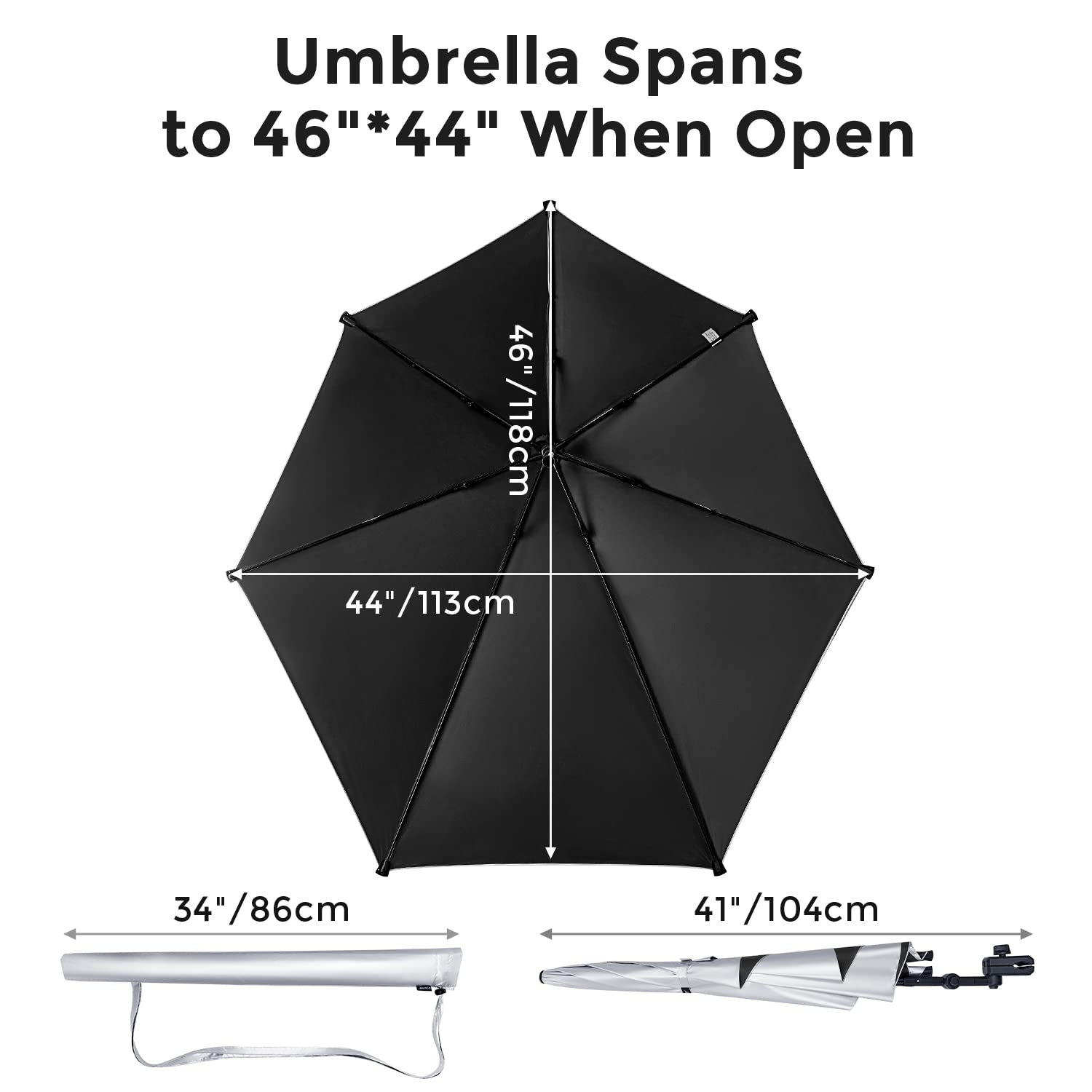 G4Free Upf 50+ Adjustable Beach Umbrella Xl With Universal Clamp For Chair, Golf Bags, Stroller, Wheelchair, Bleacher, Patio(Bla