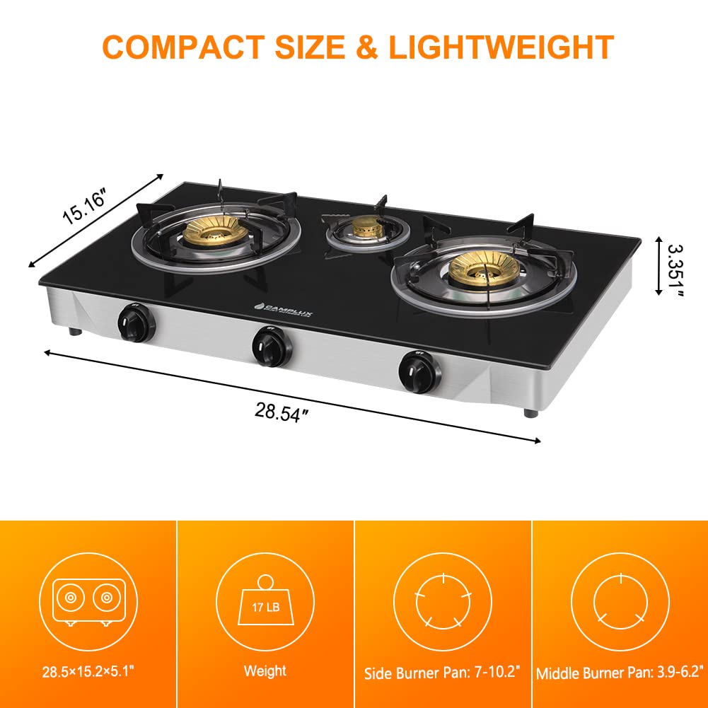 Camplux Propane Gas Stove With 21,600Btu, 3 Burners Propane Stove, Tempered Glass Camping Cooking Stove