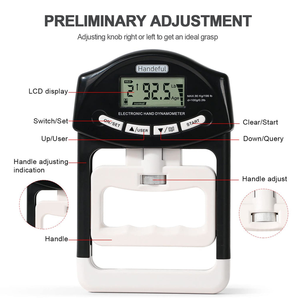 Handeful Digital Hand Dynamometer Grip Strength Measurement Meter Auto Capturing Electronic Hand Grip Power 198Lbs / 90Kgs Black