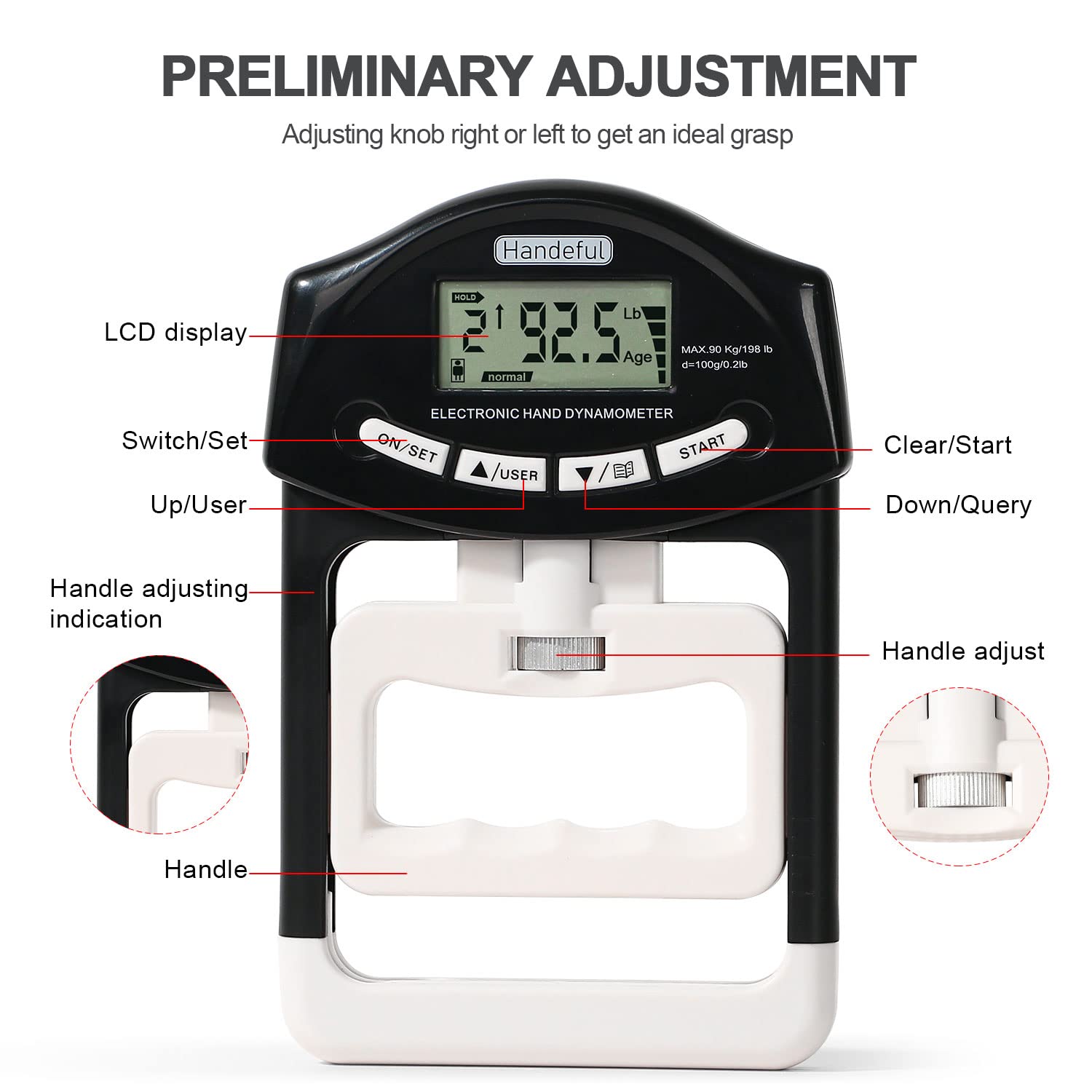Handeful Digital Hand Dynamometer Grip Strength Measurement Meter Auto Capturing Electronic Hand Grip Power 198Lbs / 90Kgs Black