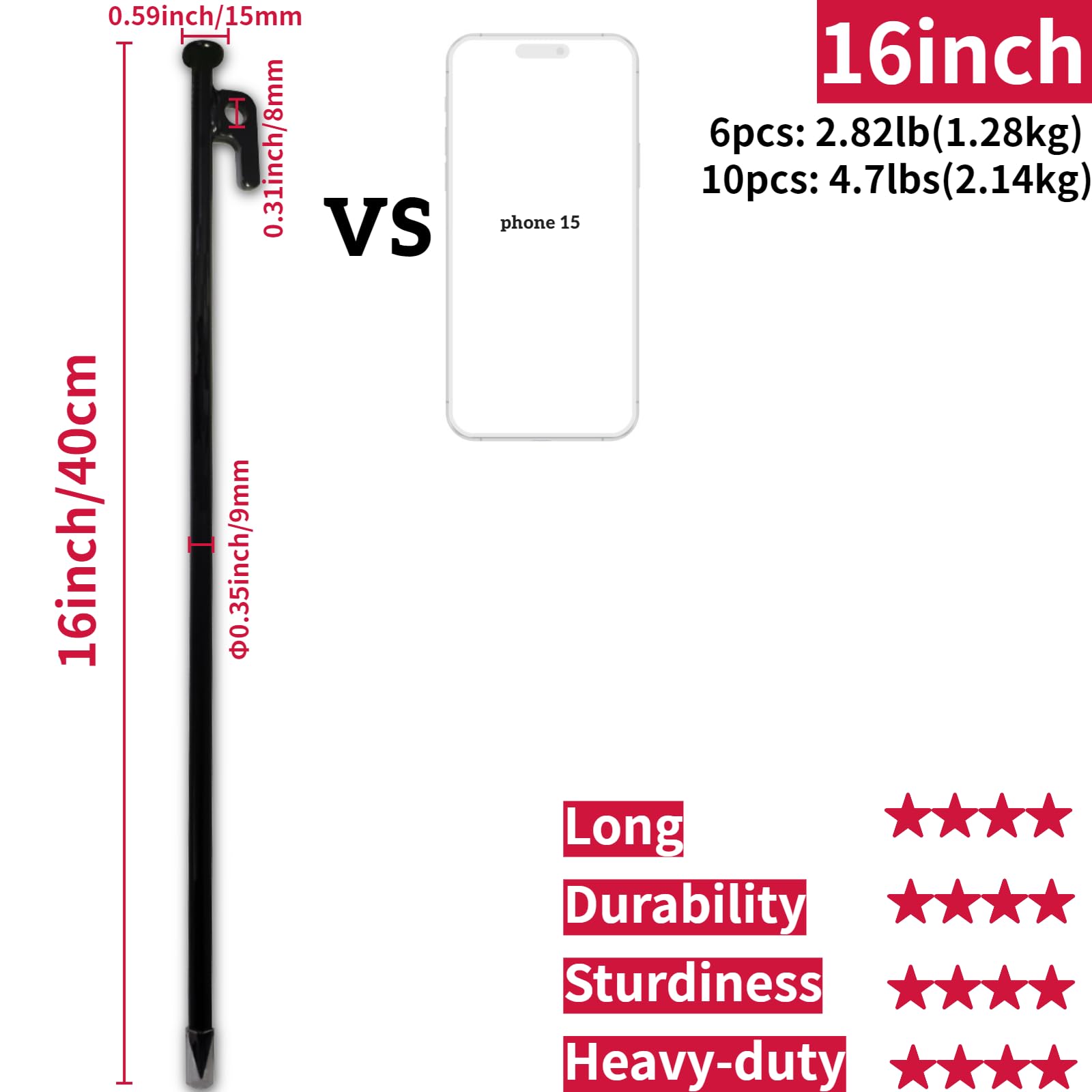 16Inch 10 Packs Extra Long Tent Stakes Heavy Duty, Large Camping Beach Canopy Stakes Metal Spikes Bell Tent Accessories
