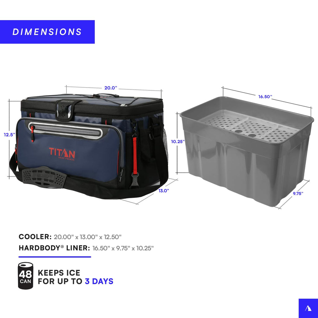 Titan Deep Freeze Cooler - 48 Can Zipperless Hardbody Cooler - Deep Freeze Insulation, HardBody Liner, and SmartShelf - Navy Blu