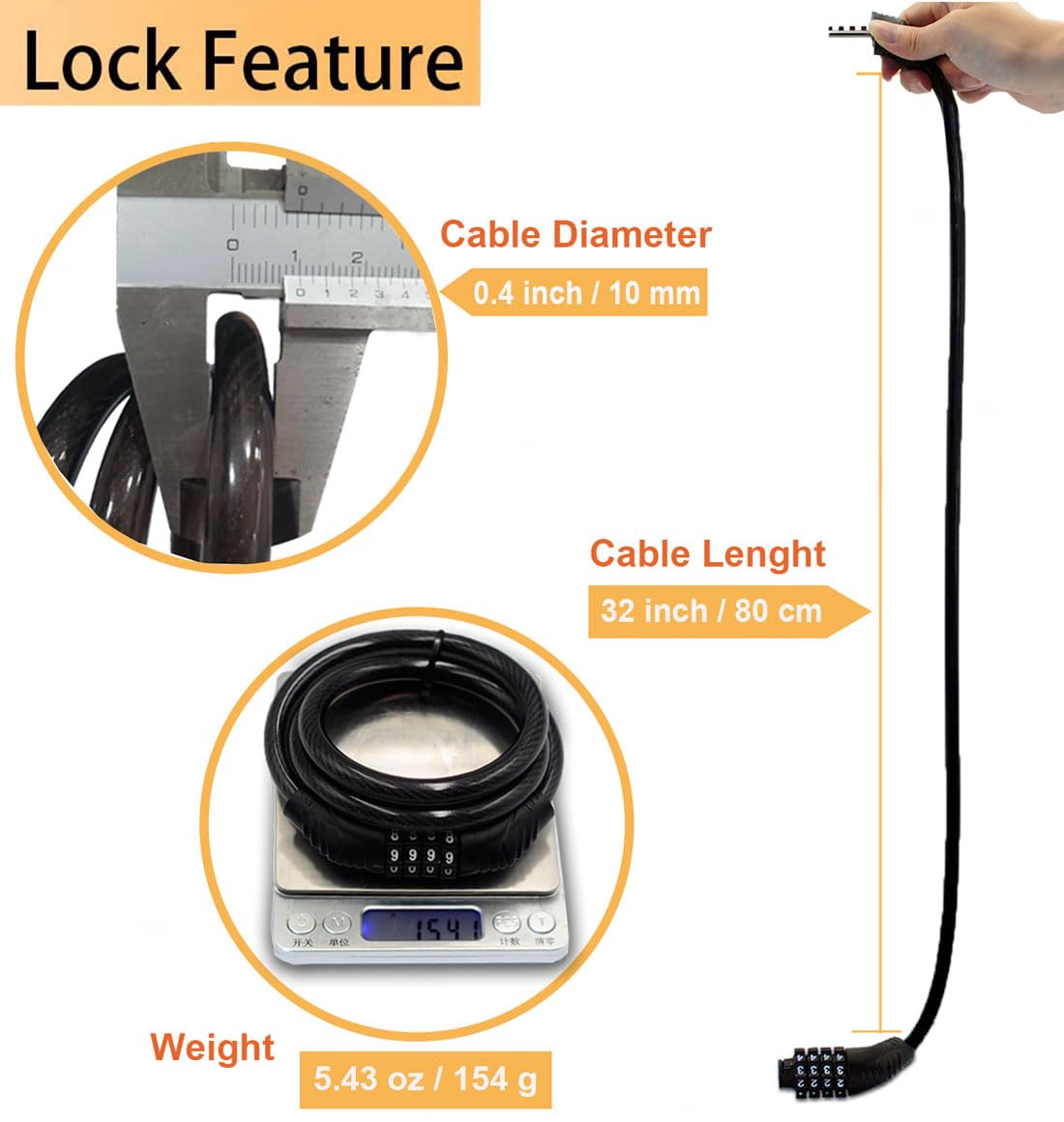 Combination Bike Cable Lock - 4 Digit, 32 Inch Long Coiled Security Resettable Cable Lock, Anti-Theft Accessories For Mountain B