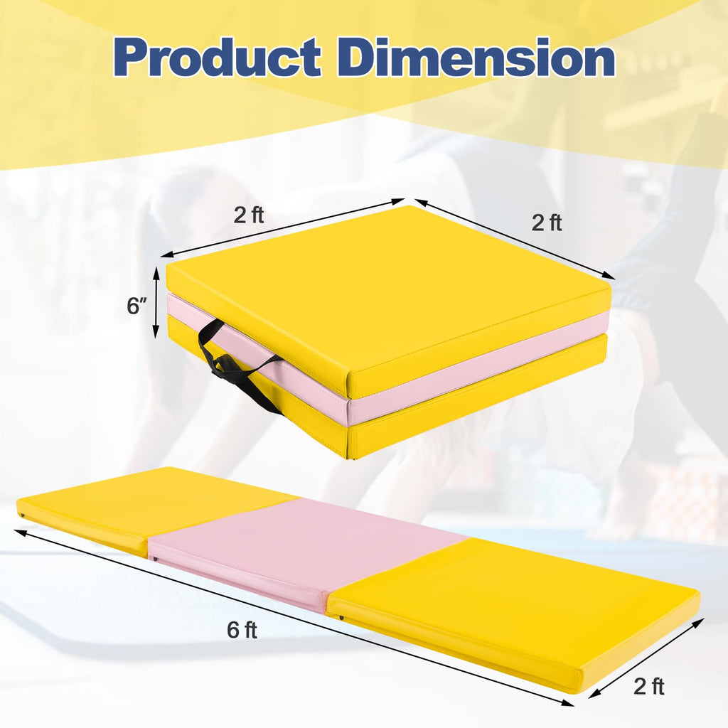 Goplus Folding Gymnastics Mat, Tri-Fold 6X 2X 2? Tumbling Exercise Gym Mat With Pu Leather Cover, Hook & Loop Fastener & Carryin