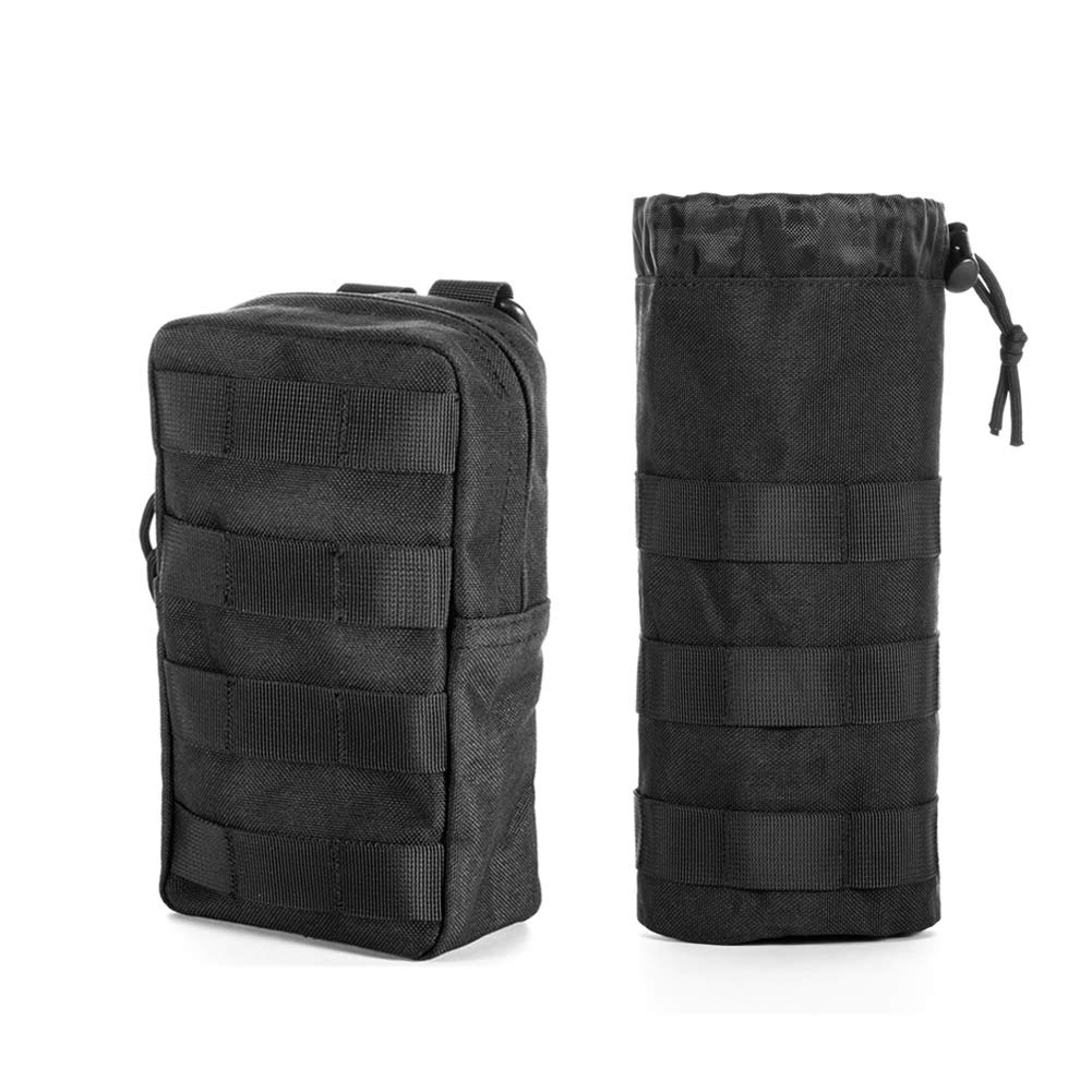 Upgraded Sports Water Bottles Pouch Bag with Mesh, Molle Drawstring Water Bottle Holder with 2 Pouches for Travel & Tactical Hyd