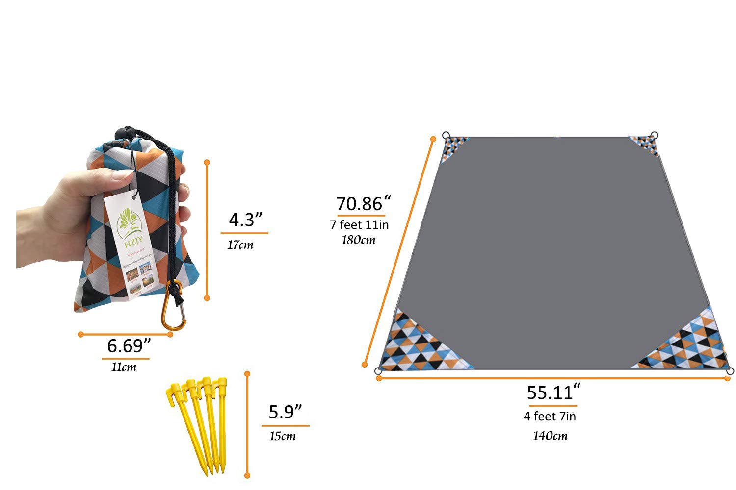 Hzjoyue Foldable Beach Blanket (71'' X 55'') -Compact, Lightweight Sandproof Pocket Blanket Best Mat For The Beach, Hiking, Camp