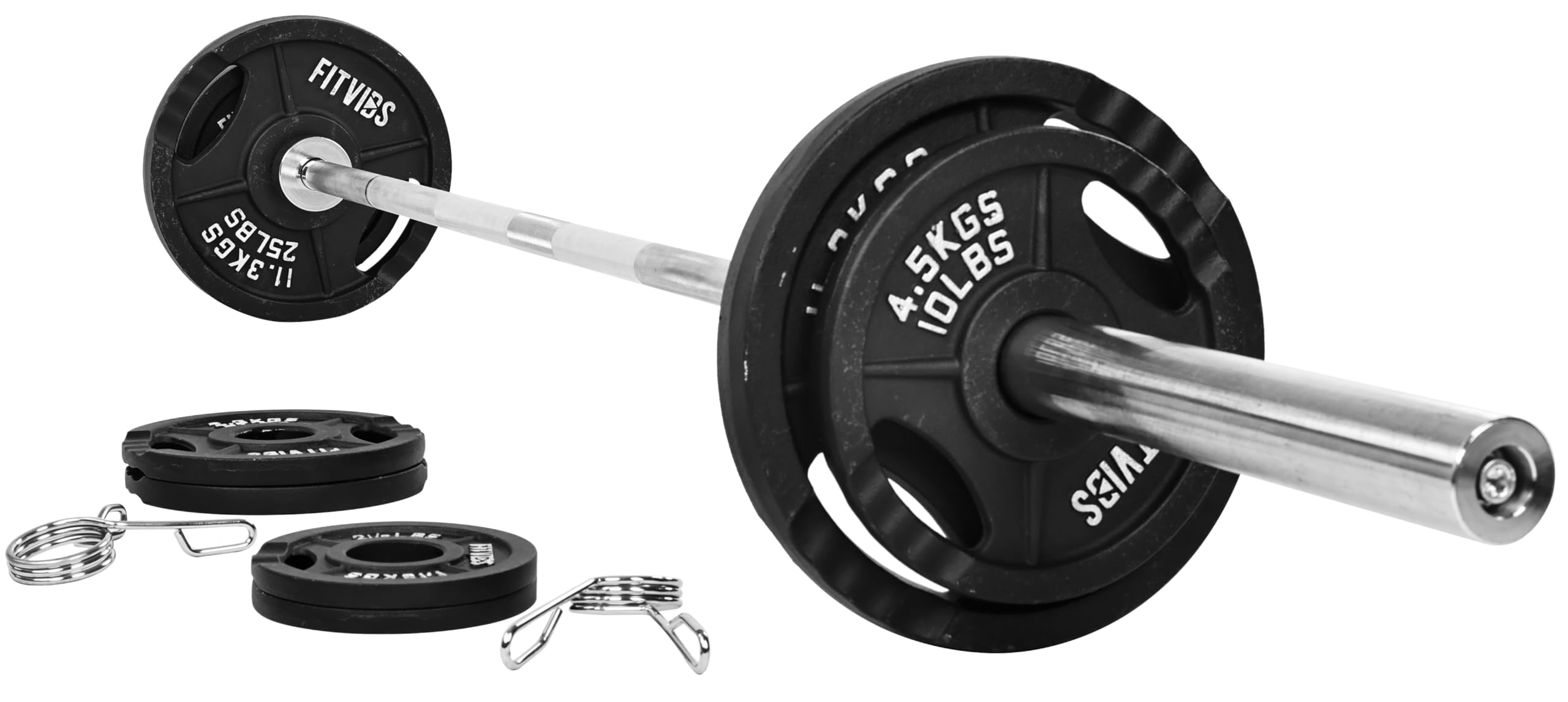 Fitvids Olympic Cast Iron 2-Inch Weight Plates Including 5Ft Olympic Barbell Bar & Safely Locks, 100 Pounds Set (85 Lbs Plates +