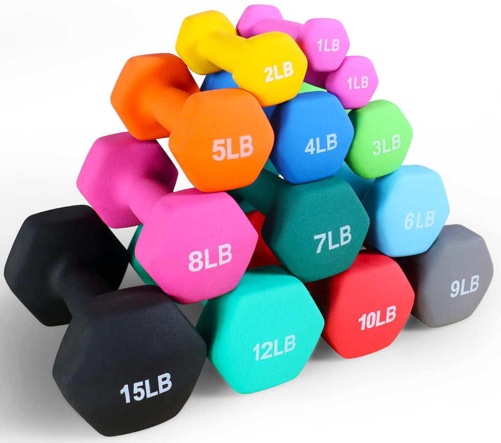 Fitvids Neoprene Dumbbell Hand Weights, Anti-Slip, Anti-Roll, Hex Shape Colorful, 2-Pound, Pair