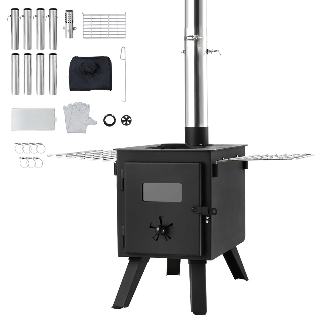 Vevor Camping Wood Stove Alloy Steel Camping Tent Stove, Portable Wood Burning Stove With Chimney Pipes & Gloves, 1400Infirebox
