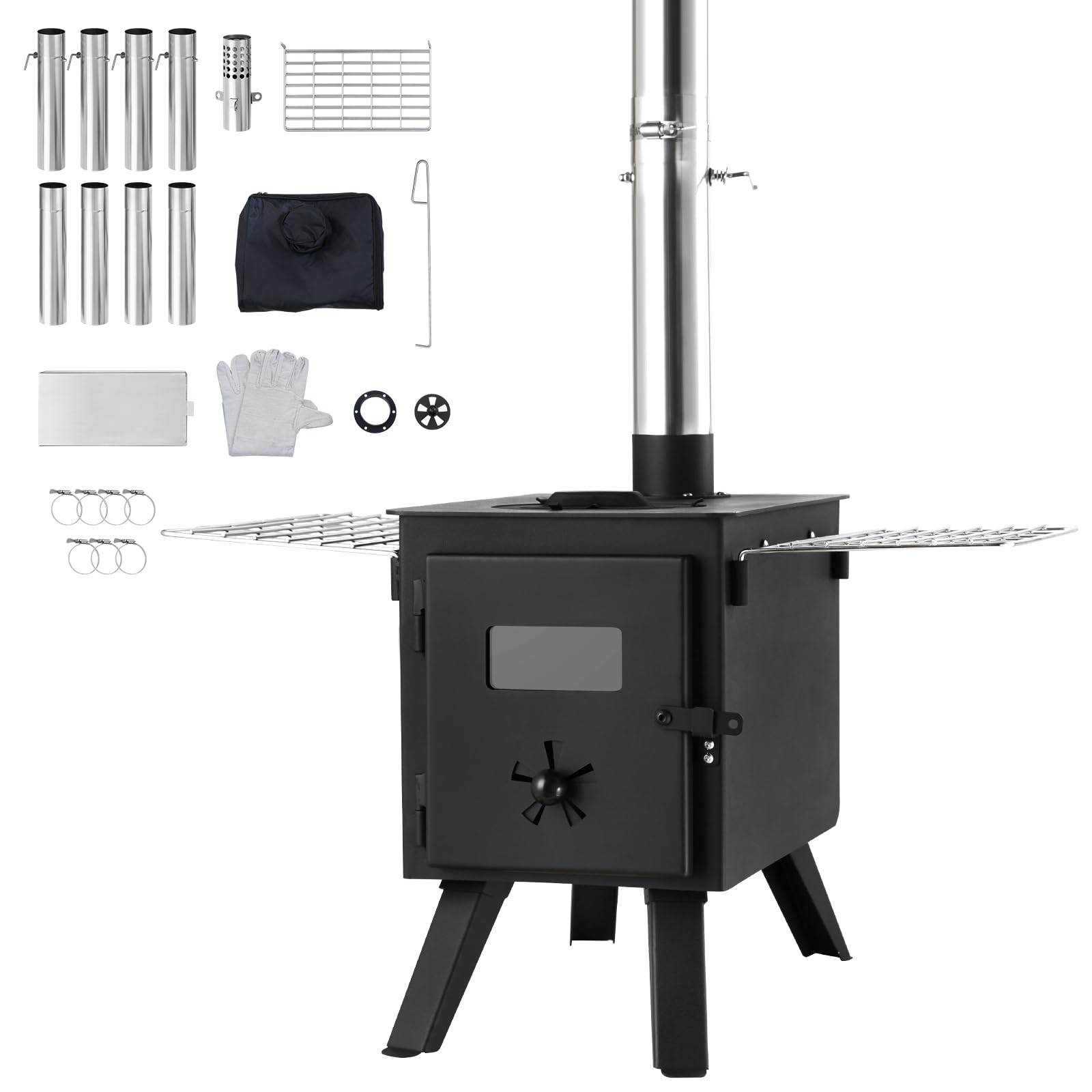 Vevor Camping Wood Stove Alloy Steel Camping Tent Stove, Portable Wood Burning Stove With Chimney Pipes & Gloves, 1400Infirebox