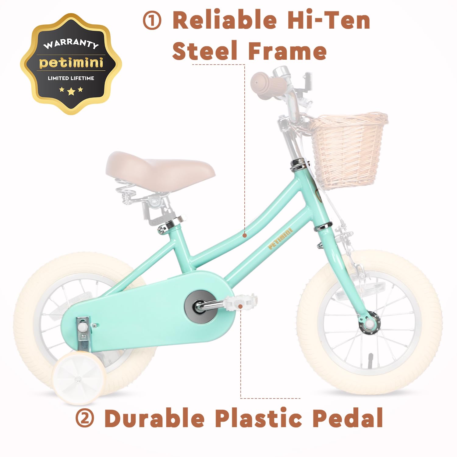 Petimini 12 Inch Kids Bike for Age 2 3 4 Years Old Little Girls Toddlers Retro Vintage Style Bicycles with Basket Training Wheel