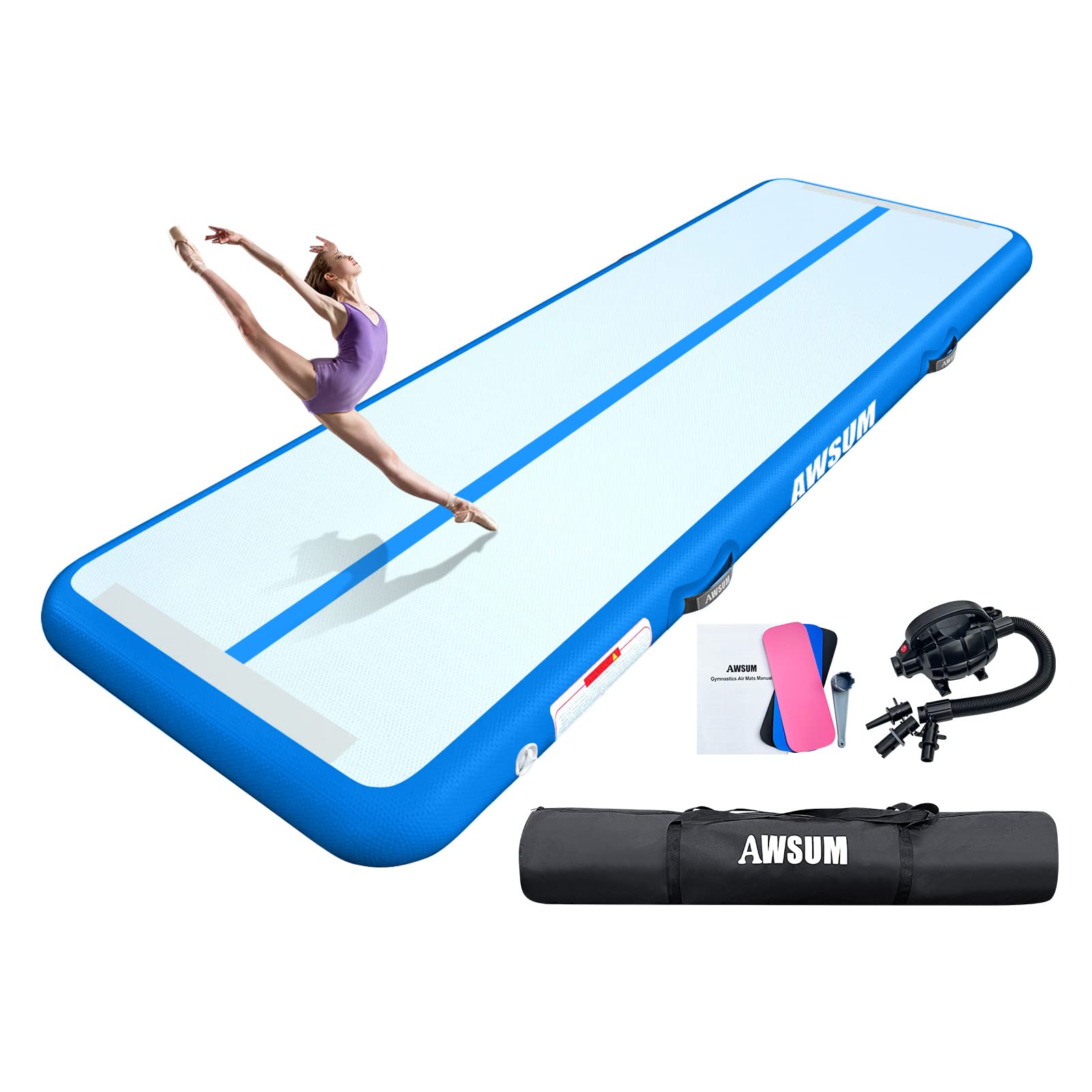 Awsum 10Ft/13Ft/16Ft/20Ft/23Ft Inflatable Air Gymnastics Mat Training Mat 4/8 Inches Thick Tumbling Track Mat With Electric Pump