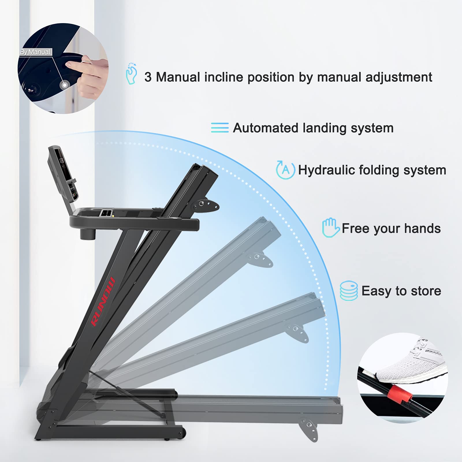 Runow Treadmills For Home With Manual Incline, Foldable Treadmill Perfect For Walking And Running, Bluetooth And Customized Prog