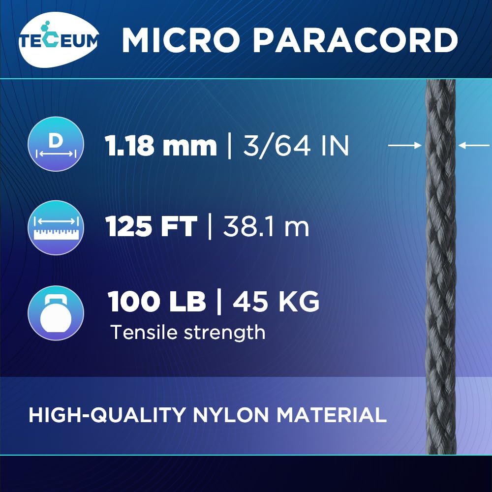 Teceum Micro Paracord - Graphite Gray - 1.18 Mm X 125 Ft - Micro Utility Cord - Thin Braided Paracord Rope Nylon Polyester - Win
